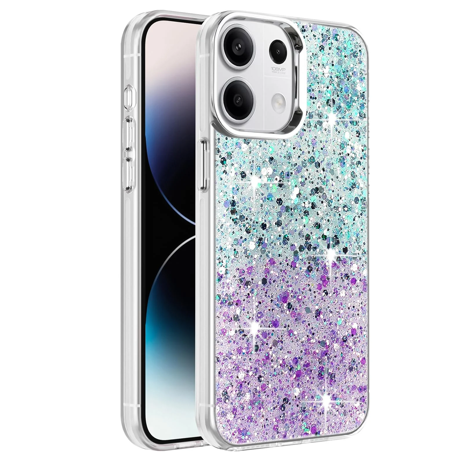 DL3 Mobilak Glitter Protective Case for Xiaomi Redmi Note 13 4G (NOT 5G), Supports wireless charging, Camera protection, Shock-absorbing protection - Green Purple