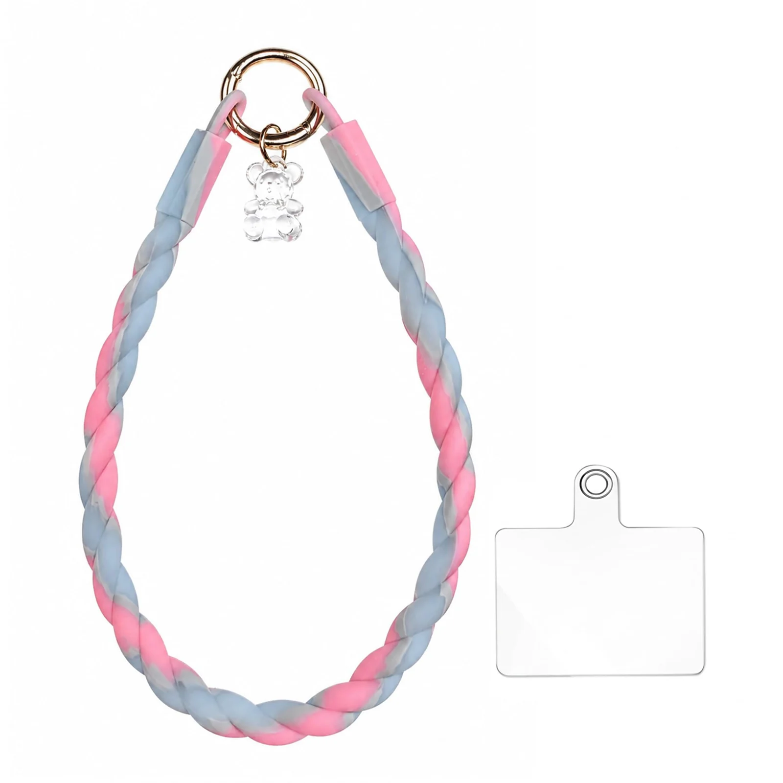 DL3 Mobilak Silicone Crystal Lanyard, 30cm Phone Wrist Strap Lanyard Keychain Office Wrist Strap with Clasp and Bear for Women Phone ID Card, Keys Strap - Gray/Pink
