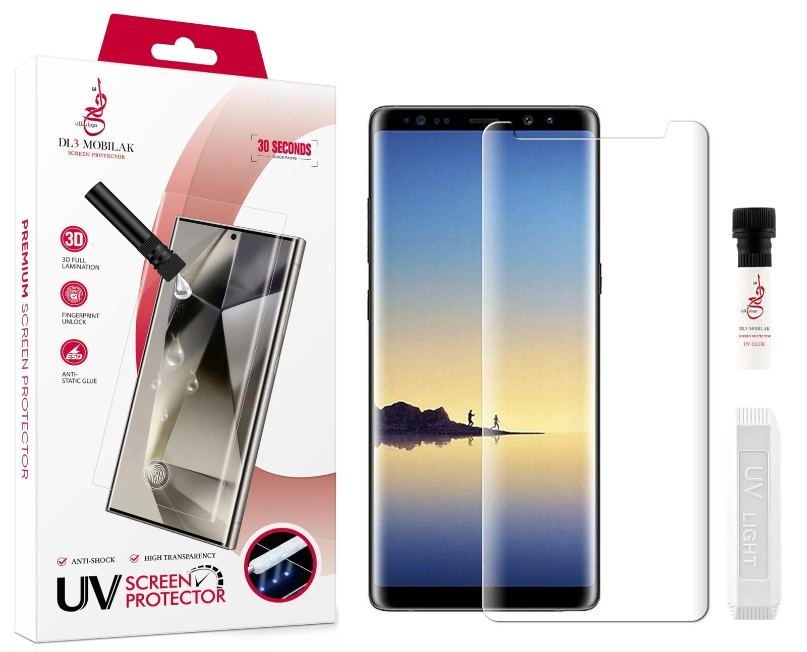 DL3 Mobilak Screen Protector Samsung Note 8 [Liquid UV Tempered Glass] Full Screen adhesive [Sensitive Touch][Fingerprint Sensor Compatible] HD - Clear