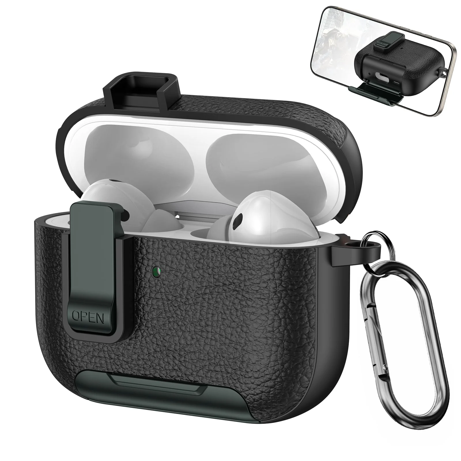 Mobigon for AirPods Pro 2nd / 1st Leather Case with Secure Lock Clip, Support Wireless Charge, Stand and Charging Port Dustproof Design with Carabiner for AirPods Pro 1/2