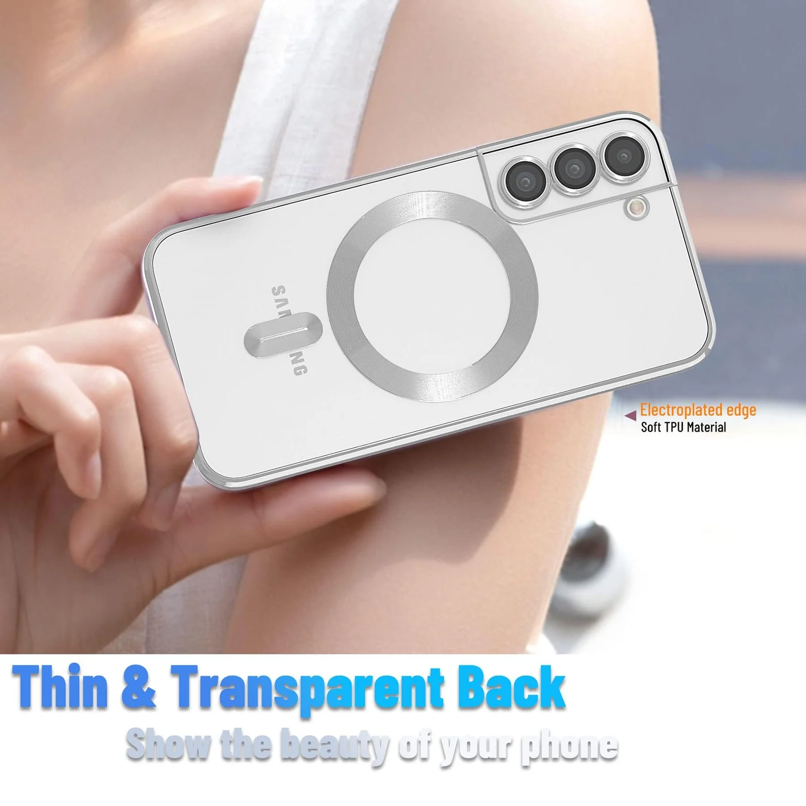 DL3 Mobilak Clear MagSafe-Compatible Magnetic Case for Samsung Galaxy S21 FE 5G with Camera Protection and Shockproof Design - Silver