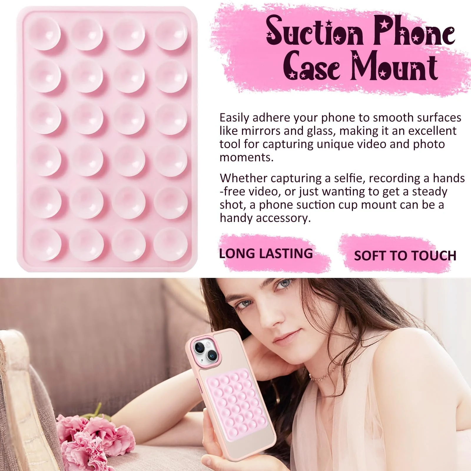 DL3 MOBILAK Silicone Suction Phone Case Mount, Sillicon Adhesive Phone Accessory for iPhone and Android, Hands-Free Fidget Toy Mirror Shower Phone Strong Grip Holder, Videos and Selfies - Pink