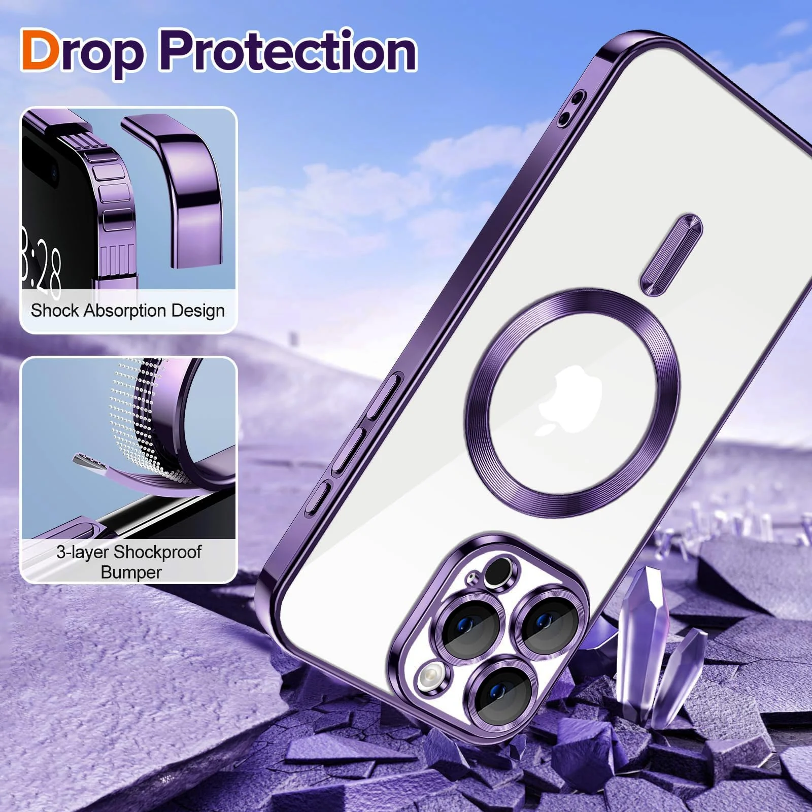 DL3 Mobilak Clear MagSafe-Compatible Magnetic Case for iPhone 16 Pro Max with Camera Protection and Shockproof Design - Deep Purple