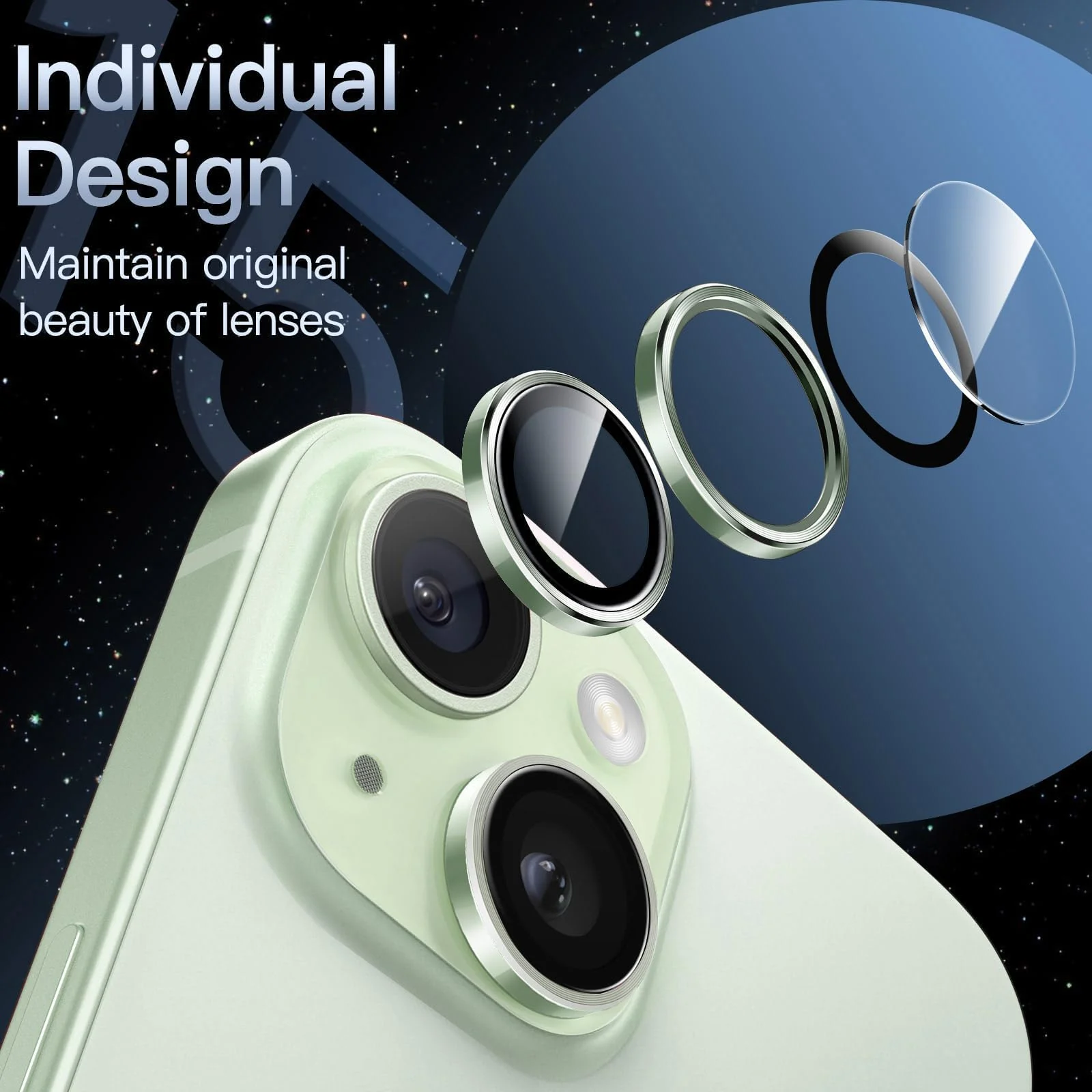 DL3 Mobilak Compatible with iPhone 15/15 Plus & iPhone 14/14 Plus Camera Lens Protector, Anti-Scratch HD Tempered Glass Lens Screen Protection Cover, Metal Individual Lens Ring - Green