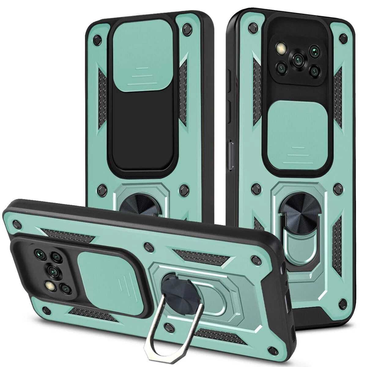 DL3 Mobilak Military-Grade Protective Case with Sliding Camera Cover, Metal Ring Kickstand and Magnetic Car-Mount Support for Xiaomi Poco X3 Pro / Poco X3 NFC / Poco X3 - Green