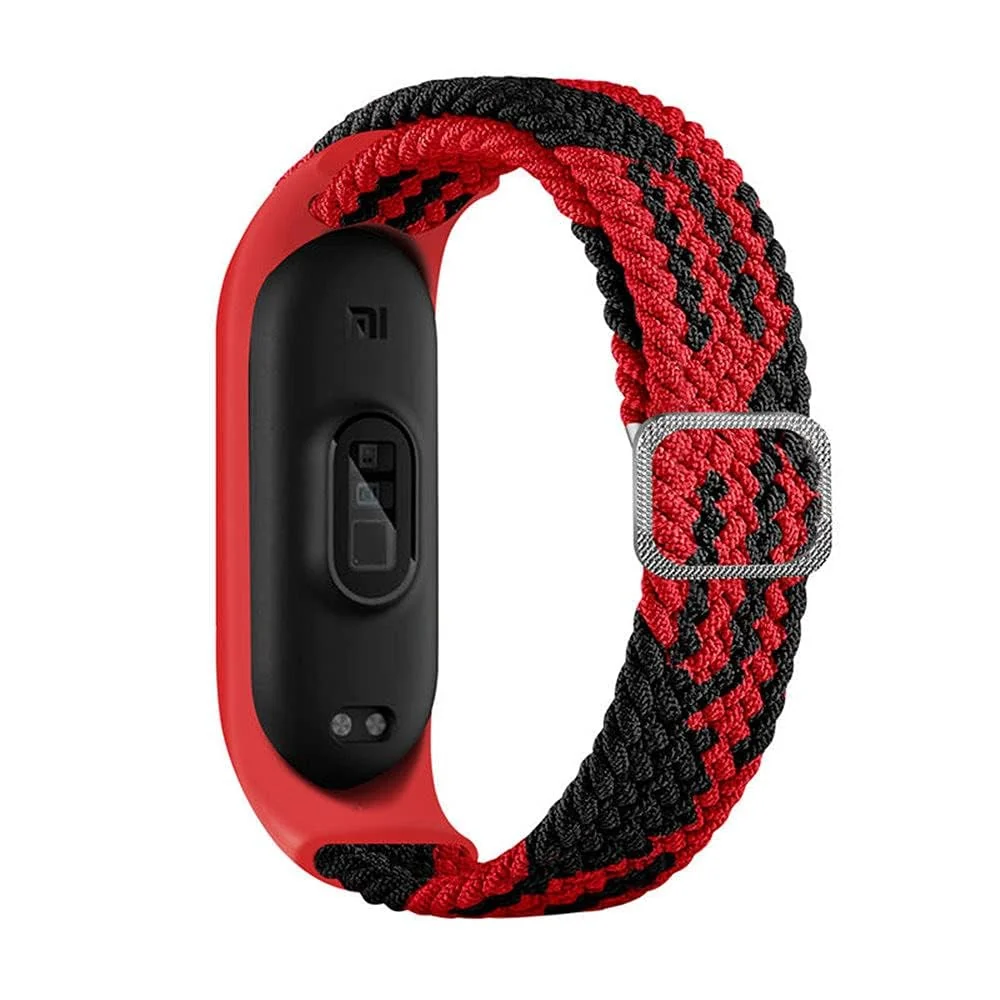 DL3 Mobilak Nylon Wristband Compatible for Xiaomi Mi Band 7/Mi Band 6/Mi Band 5/Mi Band 4/Mi Band 3, Adjustable Braided Elastic Solo Loop for Mi Band 7 6 5 4 3, Sport Strap Smart Watch Accessories - Red Black