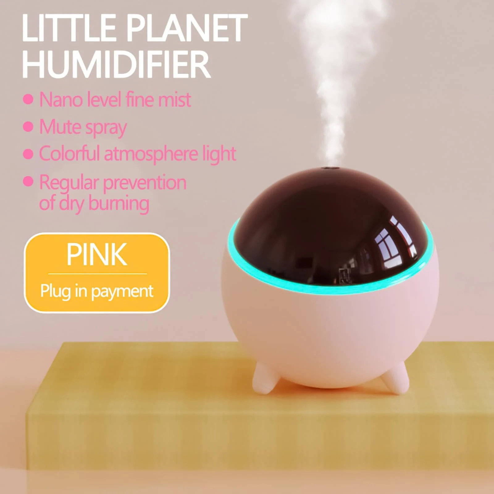 Mobigon Wood Cool Mist Ultrasonic Humidifier for Room Moisture, Aroma Diffuser for Home, 300ml Essential Oil Diffuser with 7 Colorful Night Light, Auto Shut-Off, Home, Office, car - Pink
