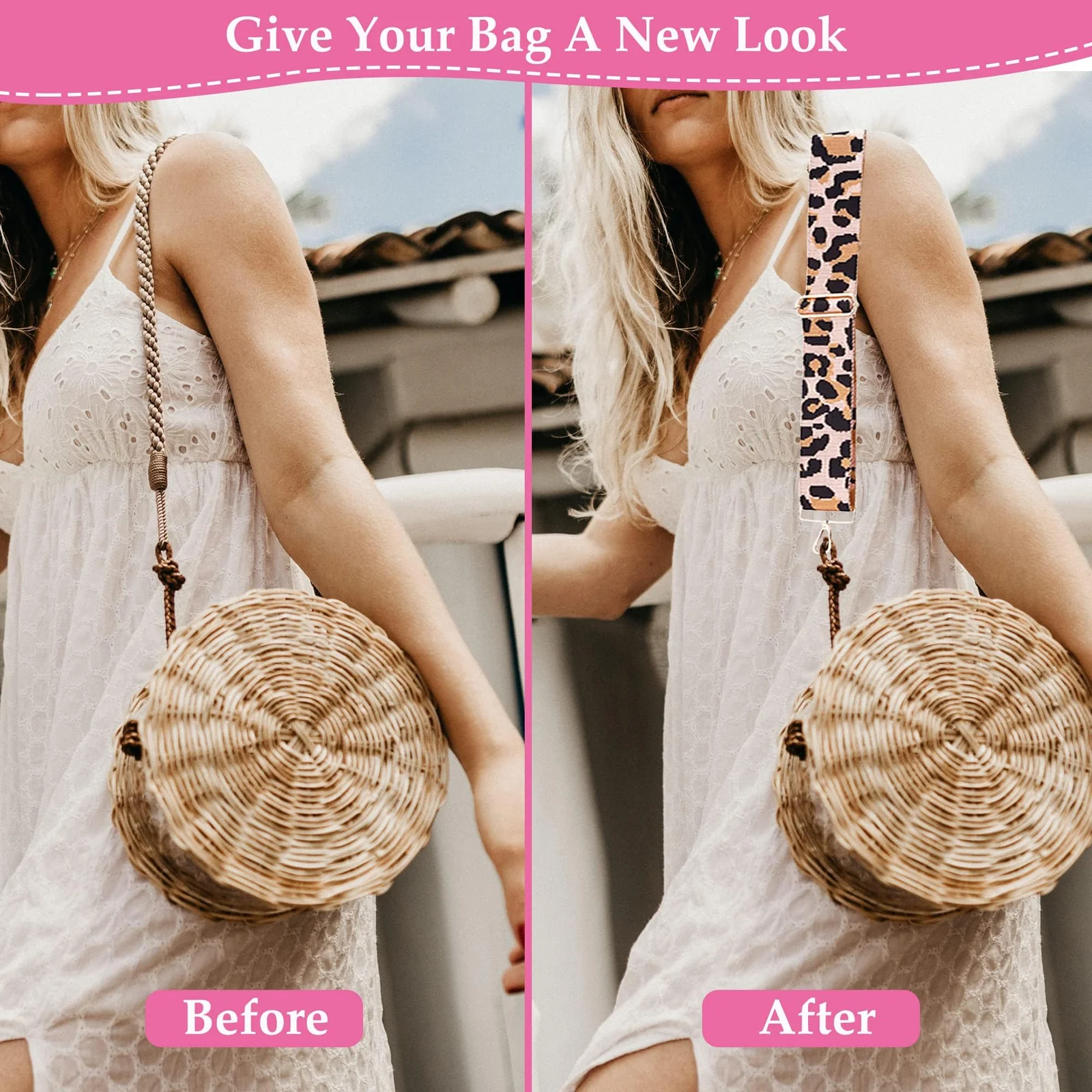 DL3 Mobilak Adjustable Wide Crossbody Bag Strap for Women, Replacement Shoulder Strap for Handbags, Totes & Purses with Elegant Embroidered Pattern and Metal Hooks - Pink