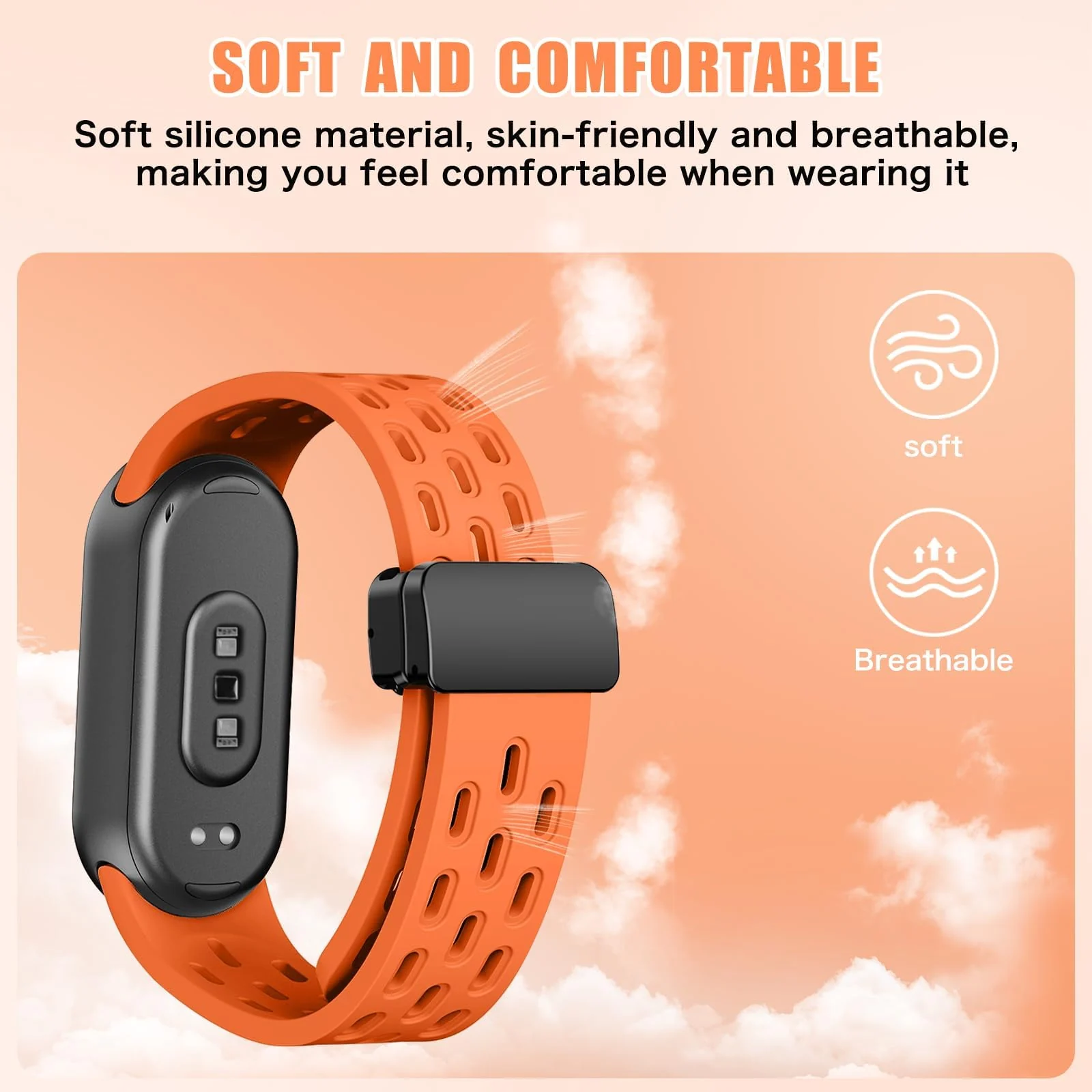 DL3 Mobilak Strap For Xiaomi Mi Band 10/9/8 Magnetic Metal Buckle Sport Silicone Breathable Strap for Men Women Band Quick Release Soft Replacment Wristband For Xiaomi Smart Band 8/9/10 - Orange
