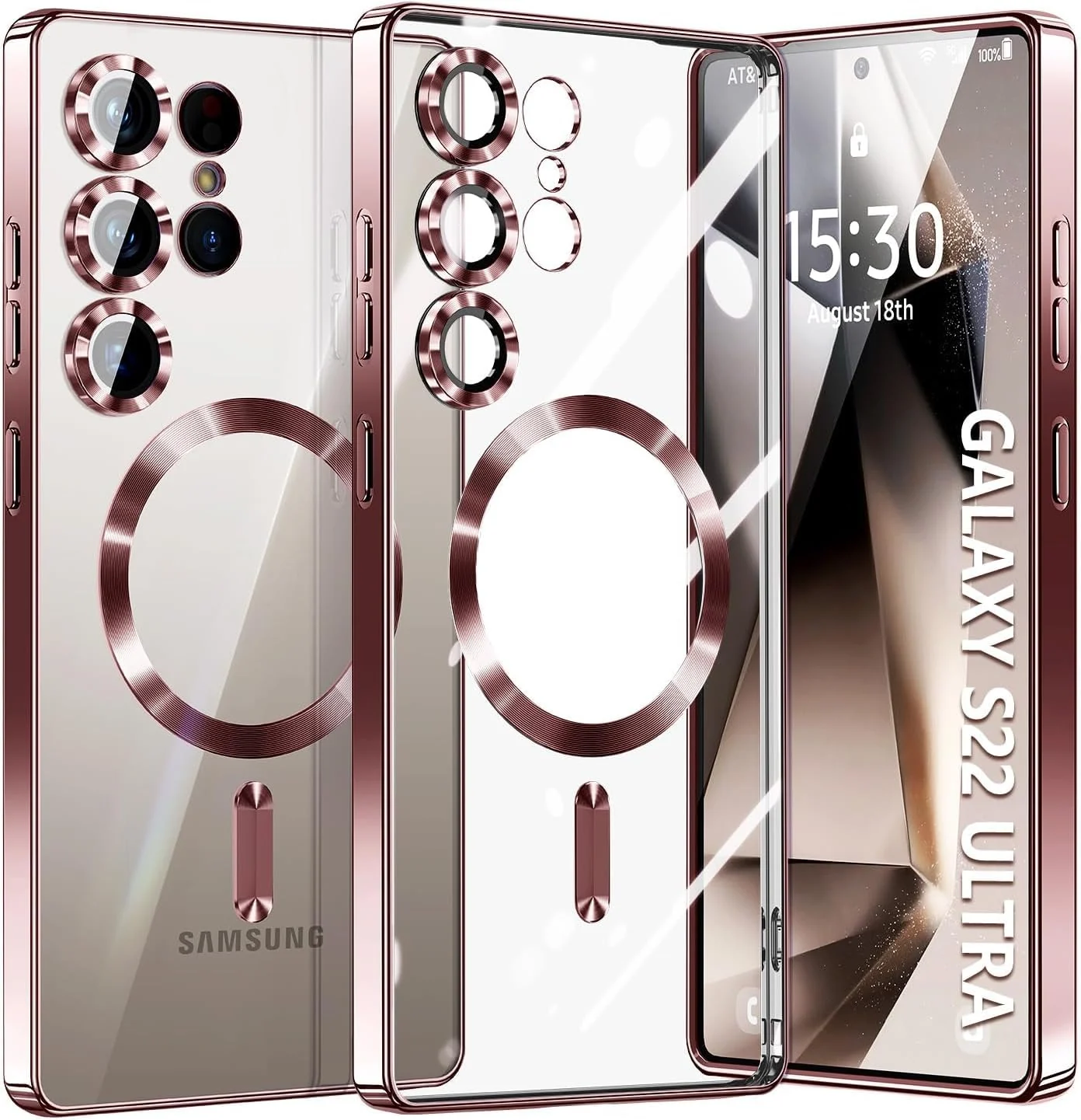 DL3 Mobilak For Samsung Galaxy S22 Ultra Magnetic Case, Compatible with MagSafe, Built-in Camera Lens Protector, Luxury Plating Soft TPU Clear Shockproof Slim Thin Cover - Rose Gold