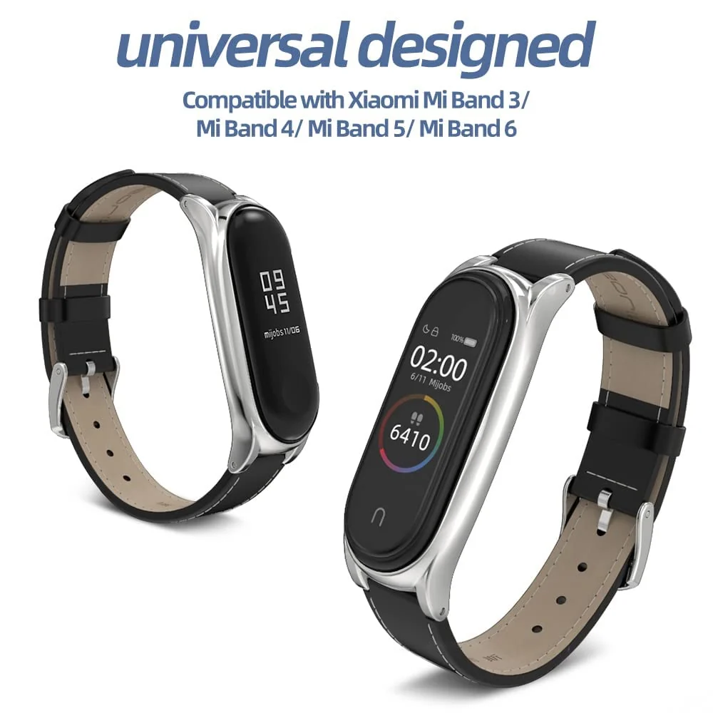 DL3 Mobilak Strap for Mi Band 6, Mi band 5, Mi Band 4, Mi Band 3 Genuine Leather Replacement Strap Watch Wrist Band Smart Bracelet Accessories for Xiaomi Mi 6 5 4 3 Fit Band - Black