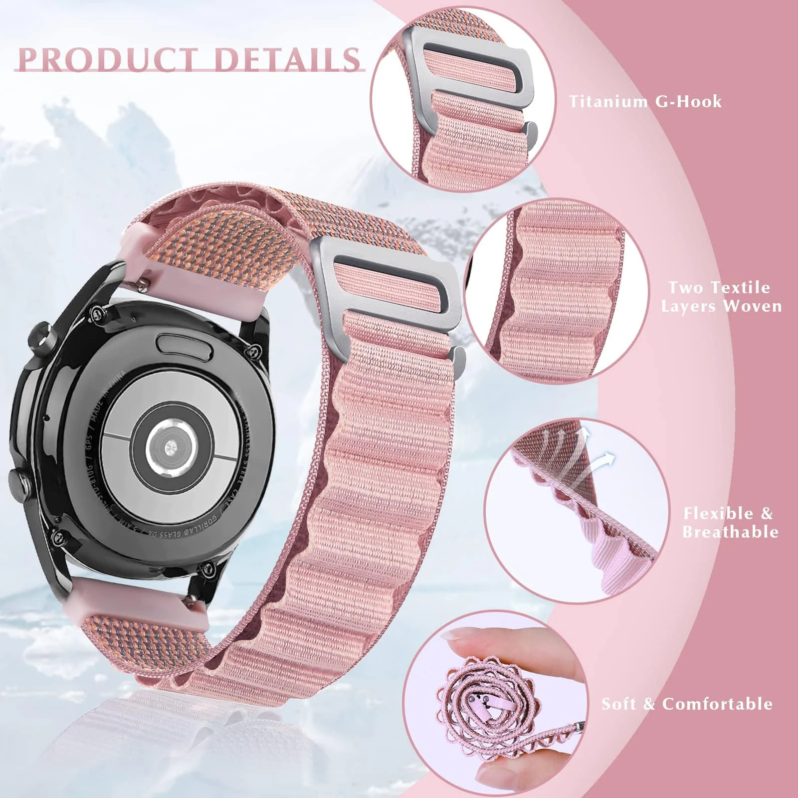 DL3 Mobilak Alpine Loop Band Sport Nylon 22MM For Samsung Galaxy Watch 3 45mm/Watch 46mm/Gear S3/Huawei watch GT4 46MM/GT3 46MM/Watch 3&4/Watch 3&4 Pro/GT2E/GT2 Pro/GT2 46MM/Amazfit GTR 2/2e/3/3 Pro/4 - Pink