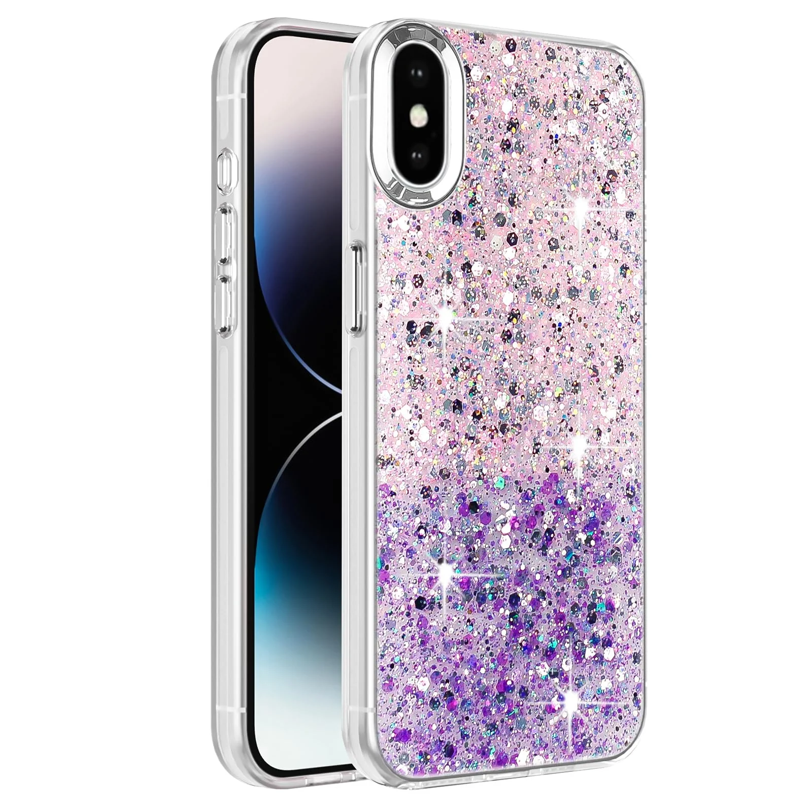 DL3 Mobilak Compatible with iPhone XS Max Case, Clear Glitter Bling Sparkly, Soft TPU Frame Bumper, Hard-Back Cover for Women & Girls, Transparent Protective Phone Case - Pink Purple