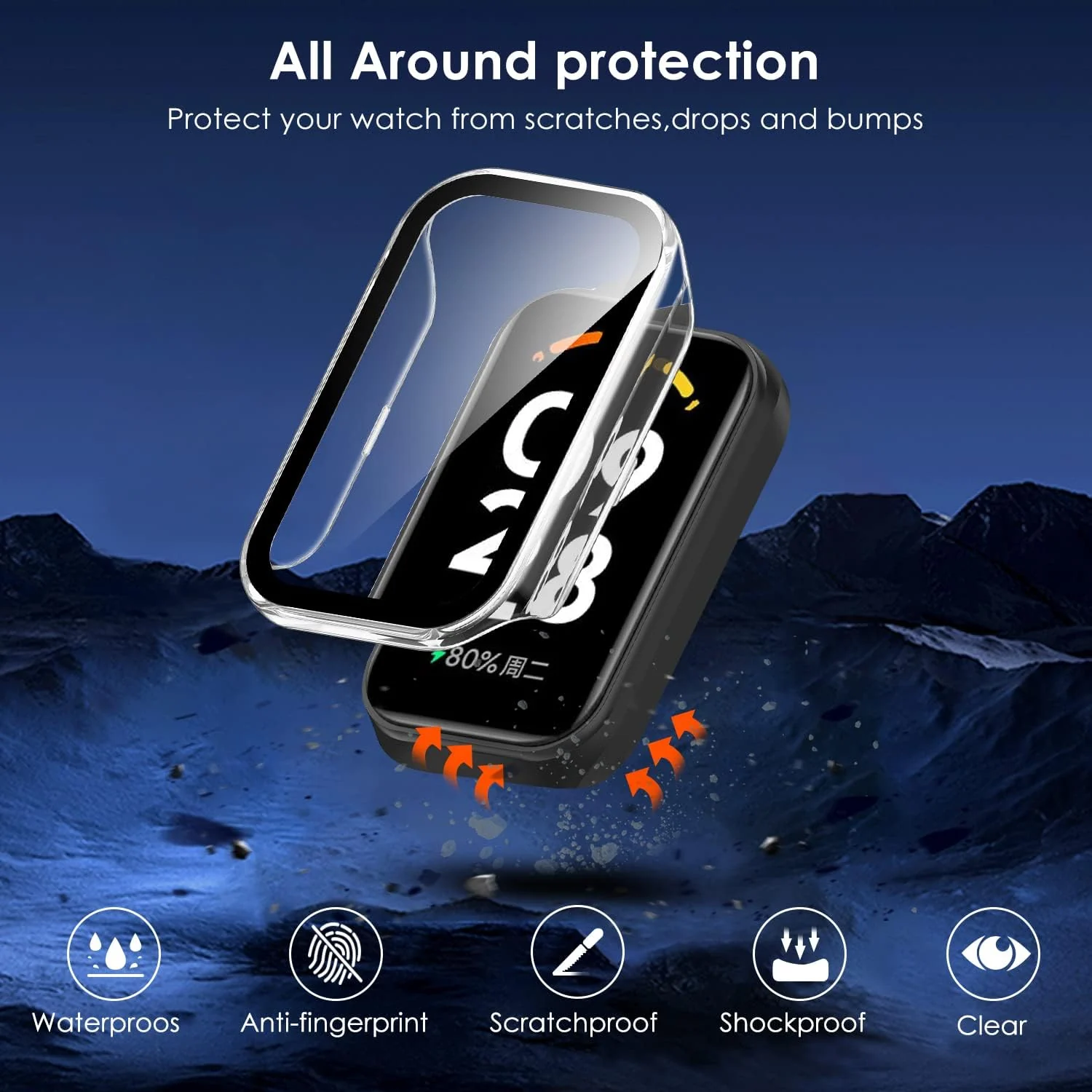 DL3 Mobilak Case Compatible with Xiaomi Redmi Band 2/ Xiaomi Smart Band 8 Active, Full Coverage Slim Hard PC Case Protective Bumper Built-in Tempered Glass Screen Protector Shell - Clear