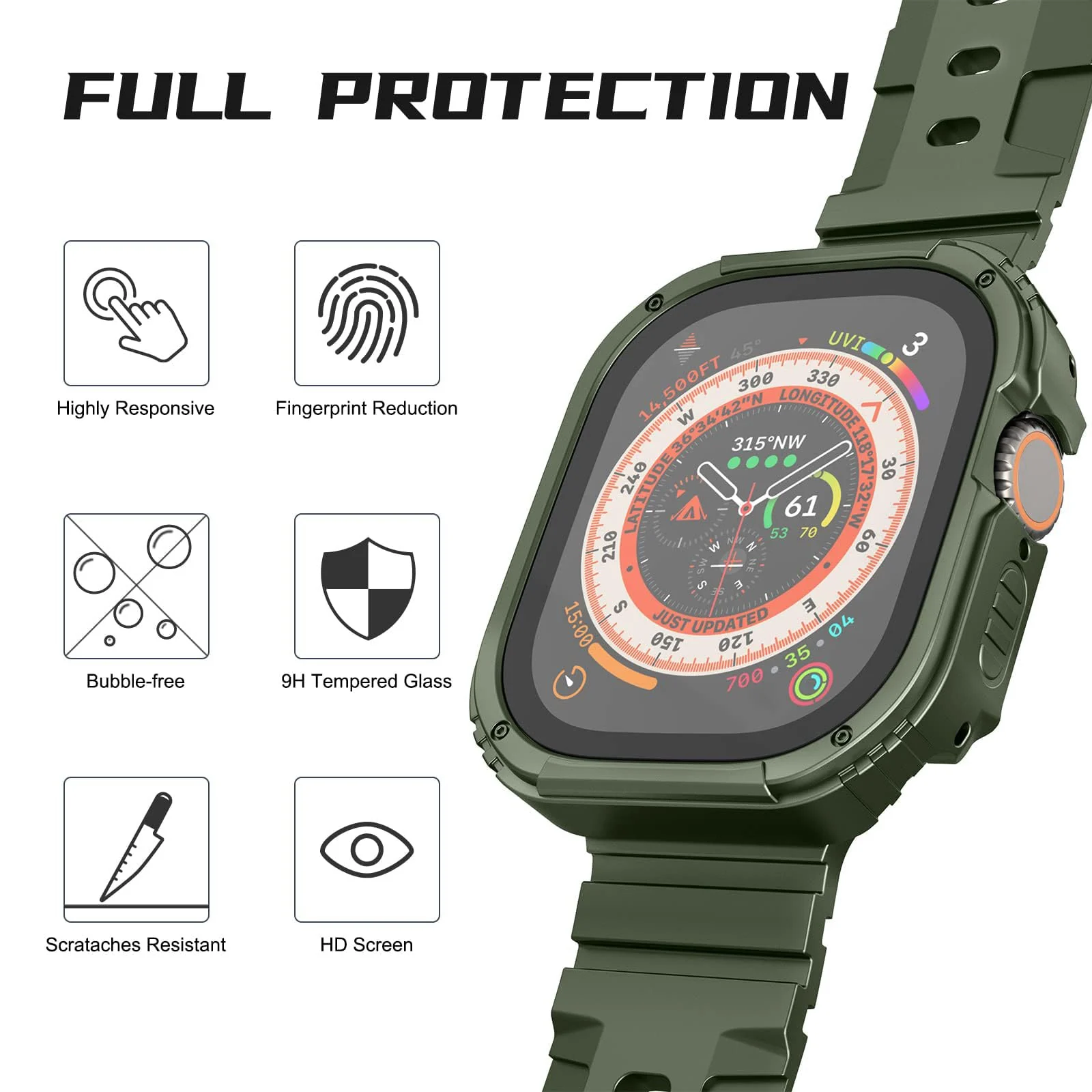 DL3 Mobilak Case Rugged For Apple Watch Ultra 2 / Ultra 49mm with Screen Protector, Durable Military Grade Quattro Pro Series Drop-Proof Protective Cover Full Coverage Shock-Proof Bumper - Green