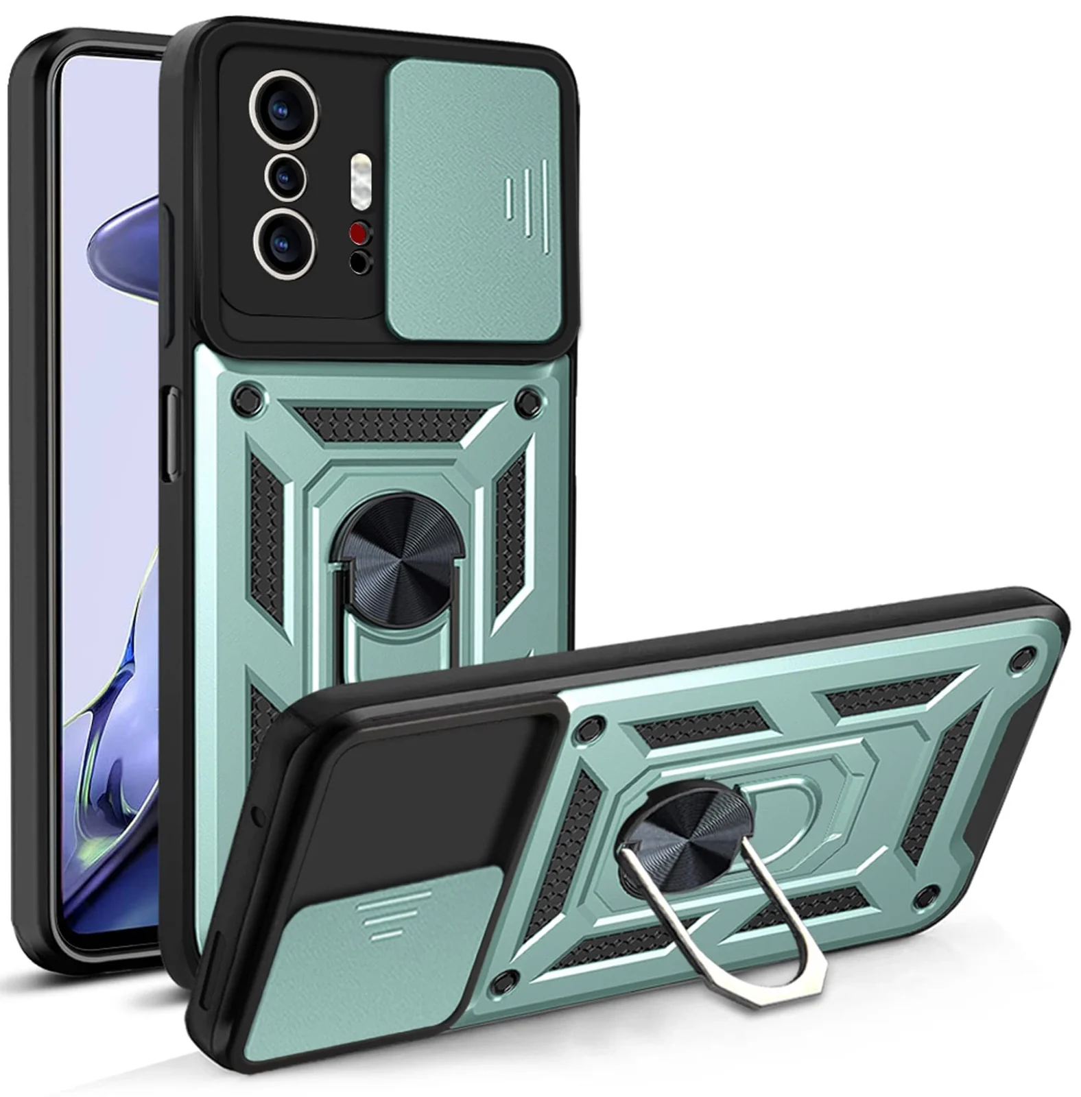 DL3 Mobilak Military-Grade Protective Case with Sliding Camera Cover, Metal Ring Kickstand and Magnetic Car-Mount Support for Xiaomi 11T / Xiaomi 11 T Pro - Green
