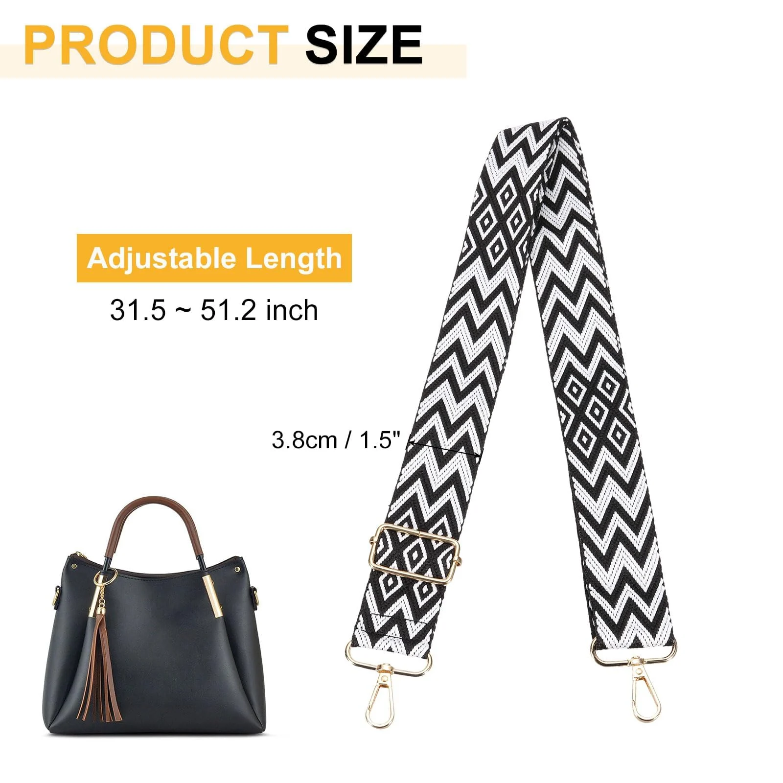 DL3 Mobilak Adjustable Wide Crossbody Bag Strap for Women, Replacement Shoulder Strap for Handbags, Totes & Purses with Elegant Embroidered Pattern and Metal Hooks - White Black