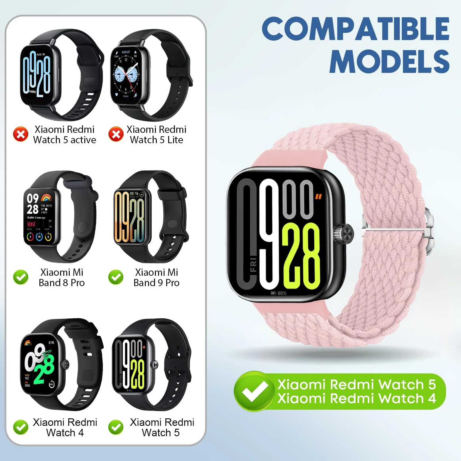 DL3 Mobilak Braided Band For Redmi 4/5 / 6 / Xiaomi Smart Band 8 Pro/Band 9 Pro for Women Men, Adjustable Braided Bands Straps Elastics Sport Wristband Nylon Strap - Pink