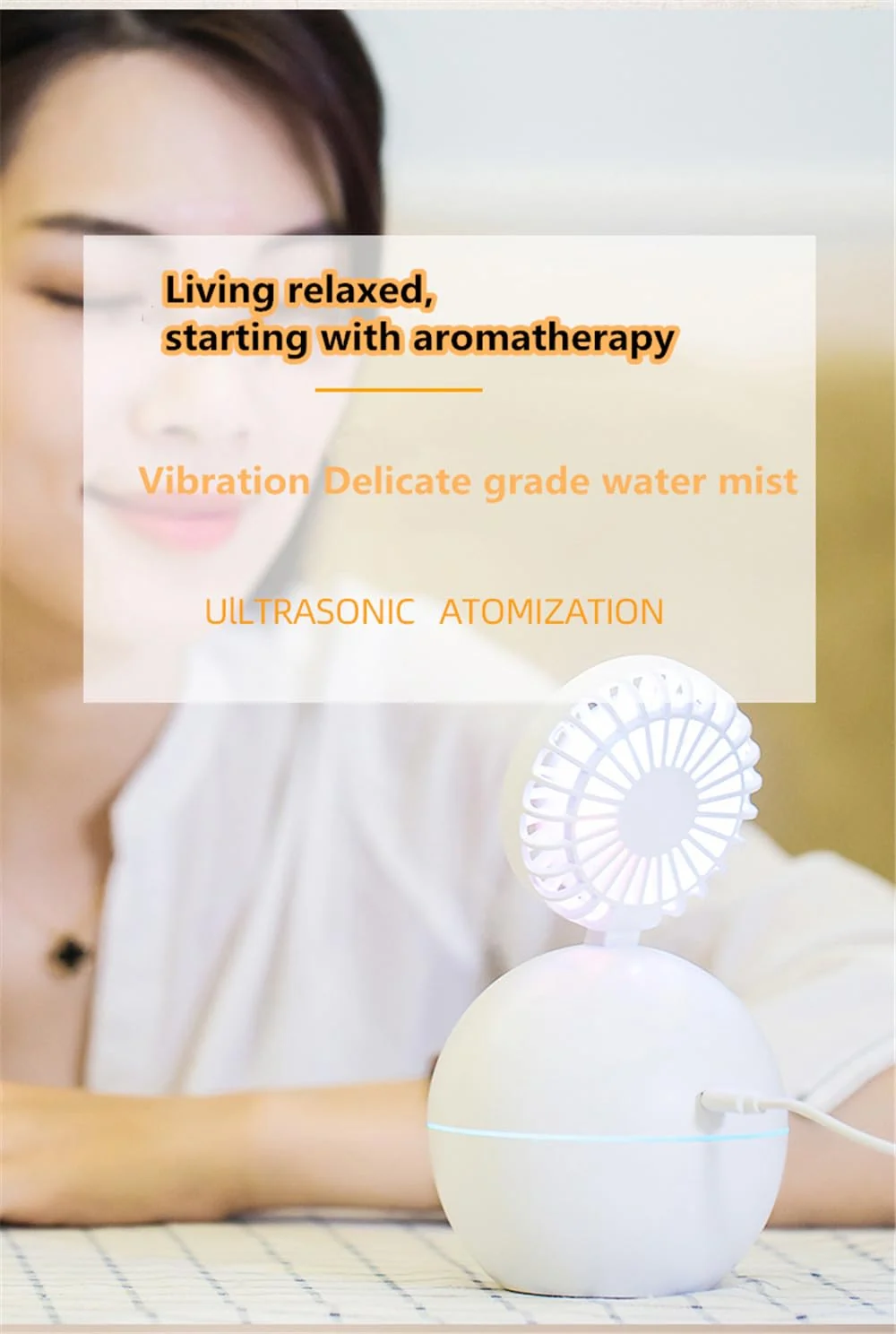 Mobigon Air Humidifier with Fan Portable USB Ultrasonic Essential Oil Aroma Diffuser with 7 Colorful Night Lights for Office Home - white