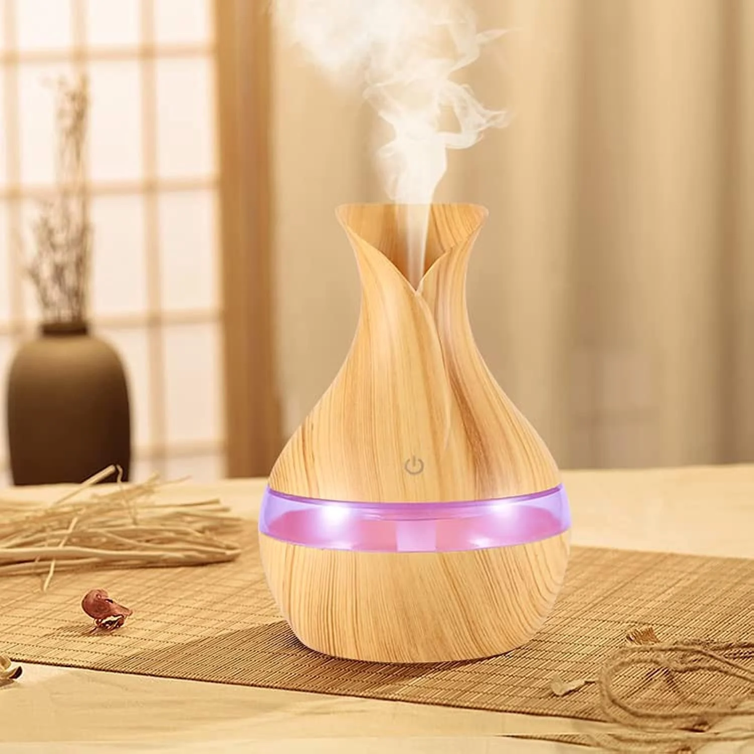 Mobigon Wood Cool Mist Ultrasonic Humidifier for Room Moisture, Aroma Diffuser for Home, 300ml Essential Oil Diffuser with 7 Colorful Night Light, Auto Shut-Off, Home, Office, car - C.Light Brown