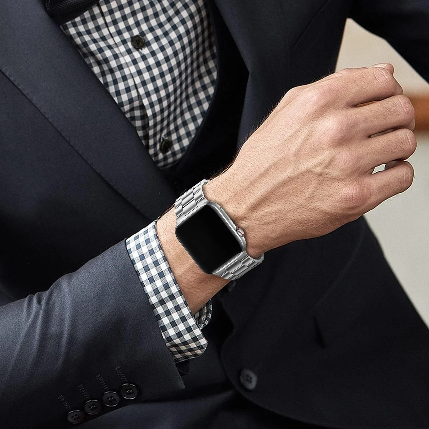 DL3 Mobilak Stainless Steel Band with Case Compatible with Apple Watch Band 45mm Series 9/8/7, Men Woman Business Strap with Protective Bumper Cover for iWatch Series 7/8/9 45mm - Silver