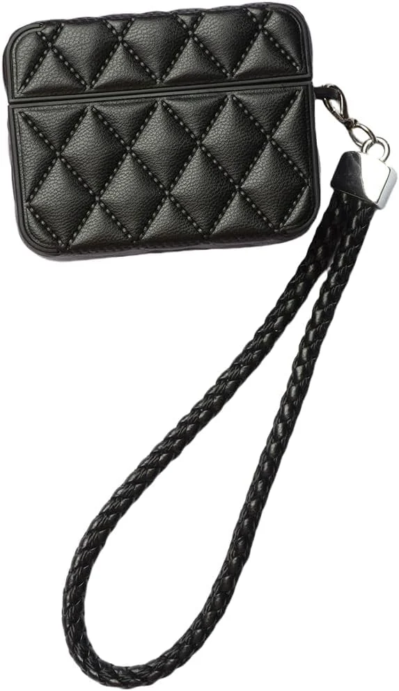 MOBIGON Diamond-Quilted PU Leather Case with Lanyard for Apple AirPods Pro 1 / 2, Black
