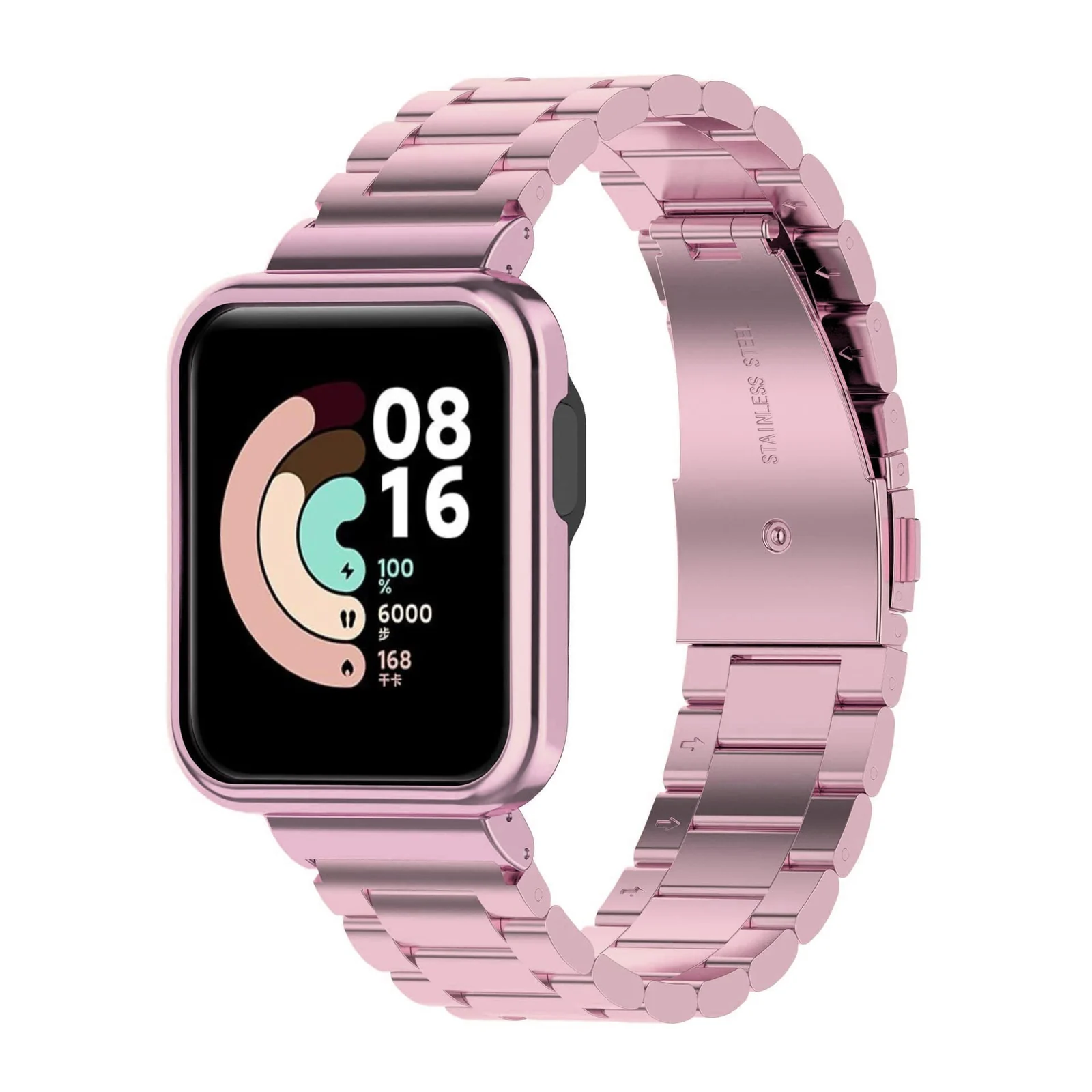 Dl3 Mobilak Compatible with Xiaomi Mi Watch Lite/Redmi Watch1 Band With Case, Metal Stainless Steel Bands Adjustable Wristbands Smartwatch Accessories Strap With Cover for Women Men (Pink)