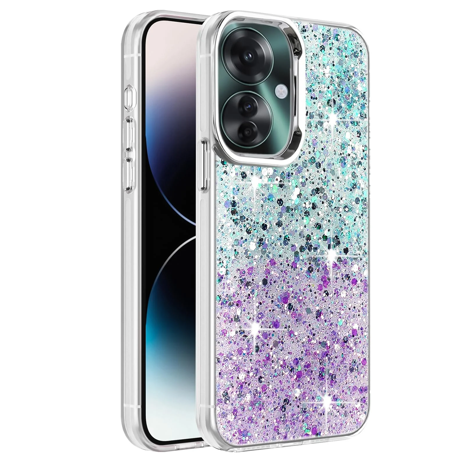 DL3 Mobilak Glitter Protective Case for OPPO Reno 11F / Reno11 F 5G, Supports wireless charging, Camera protection, Shock-absorbing protection - Green Purple