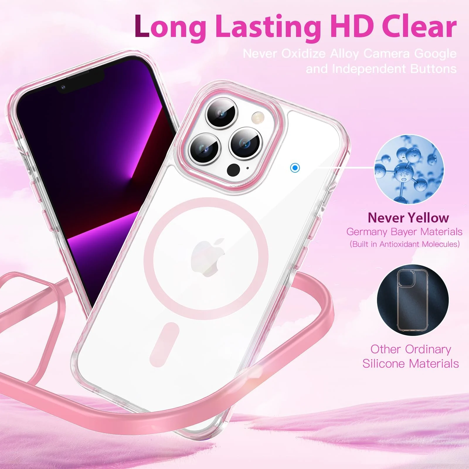 DL3 Mobilak Rugged Protective Case for iPhone 16, Compatible with MagSafe accessories, Supports wireless charging, Shock-absorbing protection - Pink