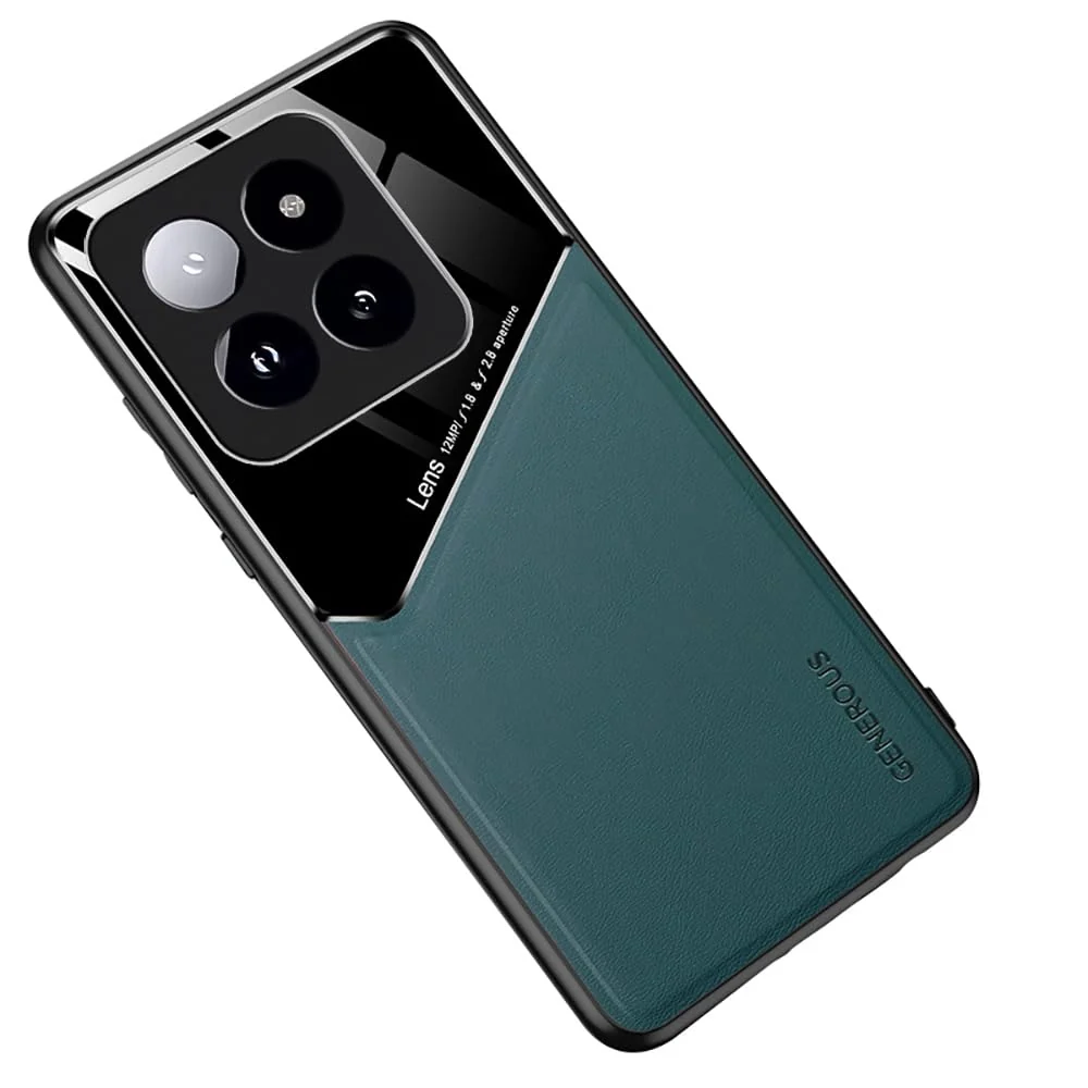 DL3 Mobilak Luxury Case For Xiaomi 14 Pro, Ultra-Thin Soft TPU Frame, Back Leather Mixed Double+Plexiglass Protective Cover With Built-in Car Magnetic - Green
