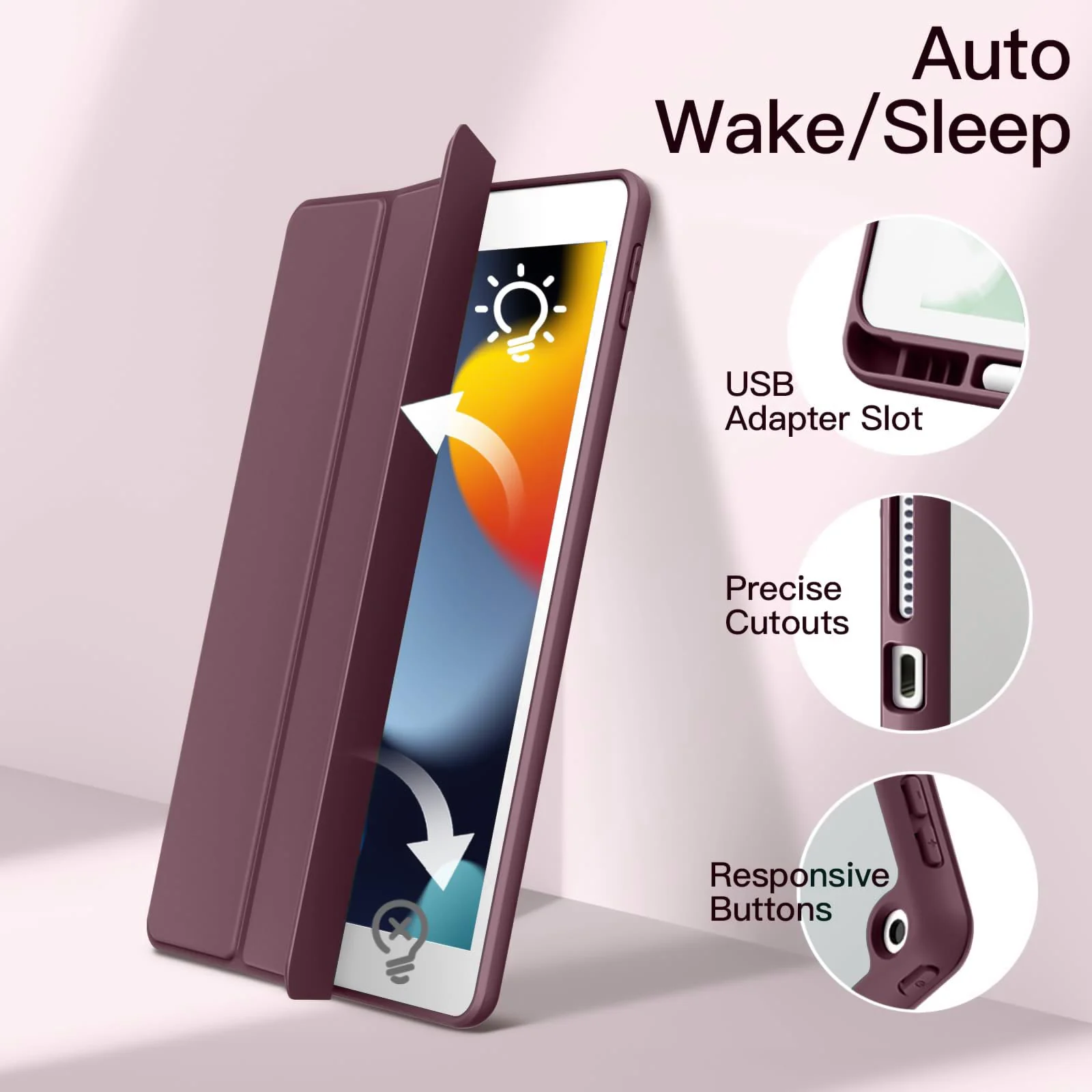 DL3 Mobilak Case for iPad 10.2-Inch (9th/8th/7th Generation, 2021/2020/2019), Clear Shockproof Back Cover Built-in Pencil Holder, Auto Sleep/Wake - Plum
