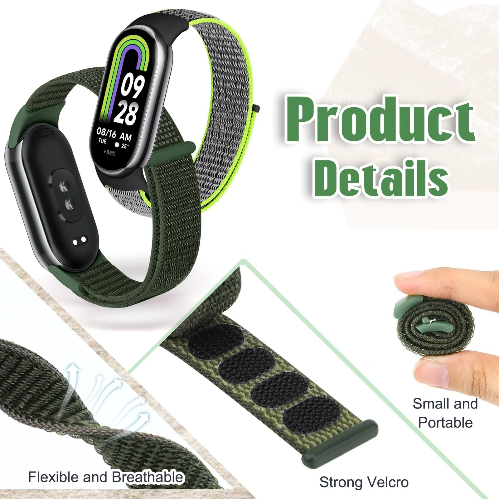 DL3 Mobilak Nylon Sport Band Compatible with Xiaomi Mi Band 10/9/8 for Women Men, Soft Adjustable Breathable Sport Loop Watch Strap Replacement Wristband for Xiaomi Smart Band 8/9/10 - Green
