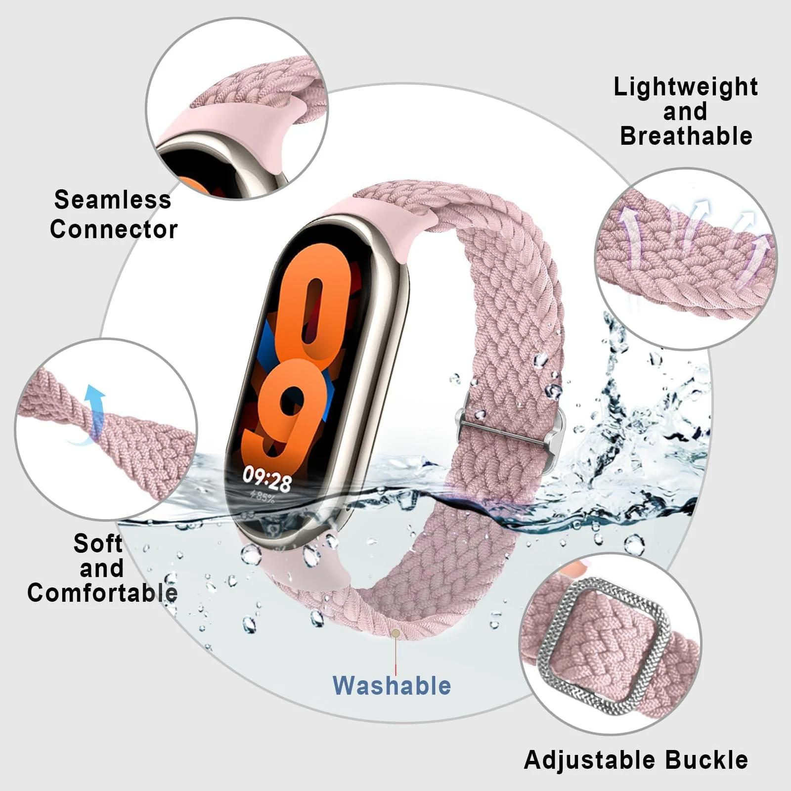 DL3 Mobilak For Xiaomi Mi Band 10/9/8 strap, Braided Solo Loop for Nylon Elastic Adjustable Replacement Wristband Compatible with Xiaomi Smart Band 10/Smart Band 9/Smart Band8 - Light Pink