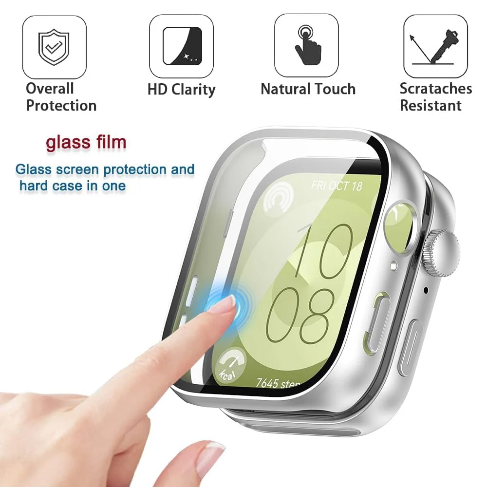 DL3 Mobilak Case Compatible with Huawei Watch Fit 3, Full Coverage Slim Hard Case Protective Bumper Built-in Tempered Glass Screen Protector Shell for Huawei Watch Fit 3 - Silver