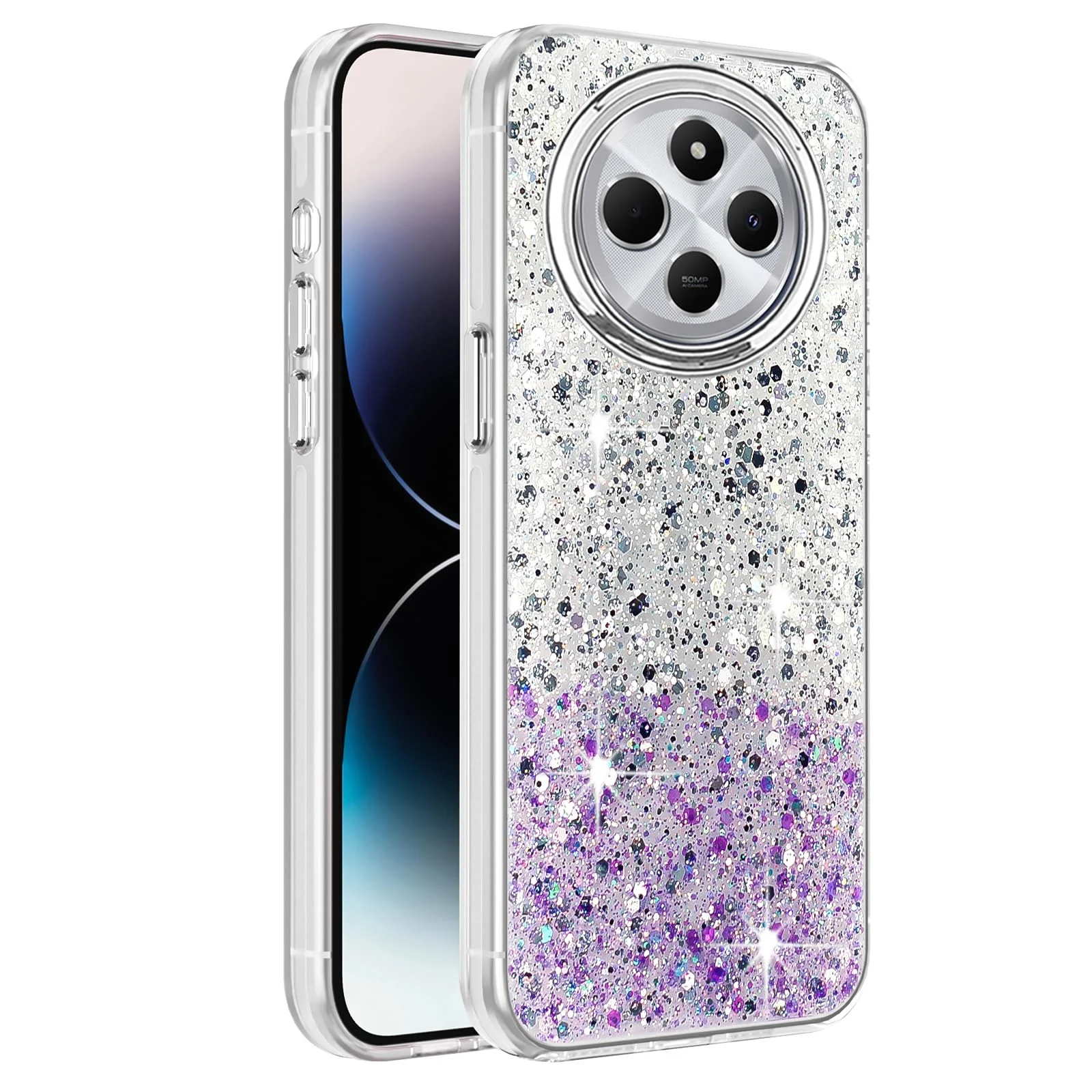 DL3 Mobilak Glitter Rhinestone Protective Case for Xiaomi Redmi 14C 4G / Poco C75 with Shockproof Design - White Purple