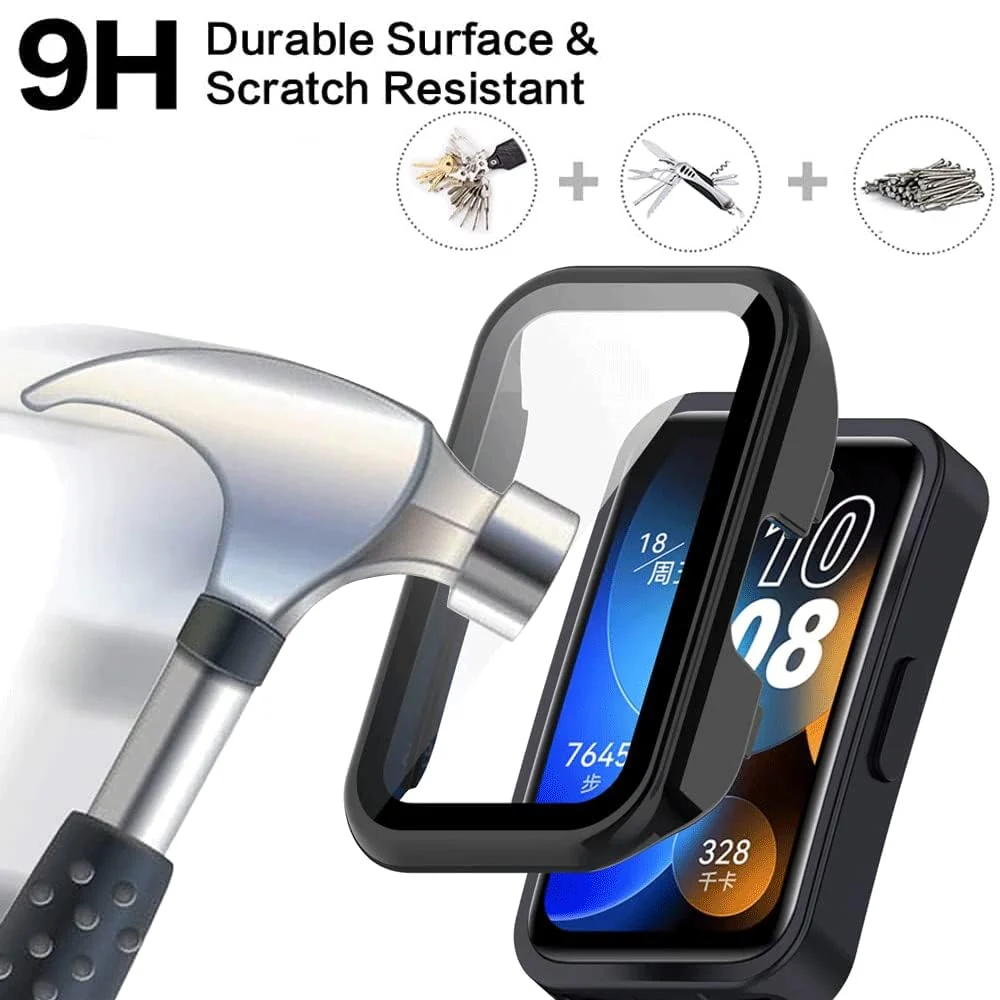 DL3 MOBILAK Protective Case Compatible with Huawei Band 9/8 9H Hardness PC Case Bumper Full Slim Protective Cover with Tempered Glass For HUAWEI Band 8/9 - Black