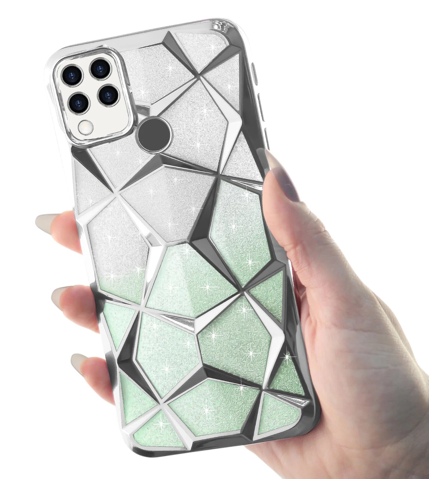 DL3 Mobilak Compatible with realme C15 Case Plating Bling Gradient Glitter Clear Cover Soft TPU Silicone Cute Camera Protection Shockproof Back for Women Girls Case - Silver Green