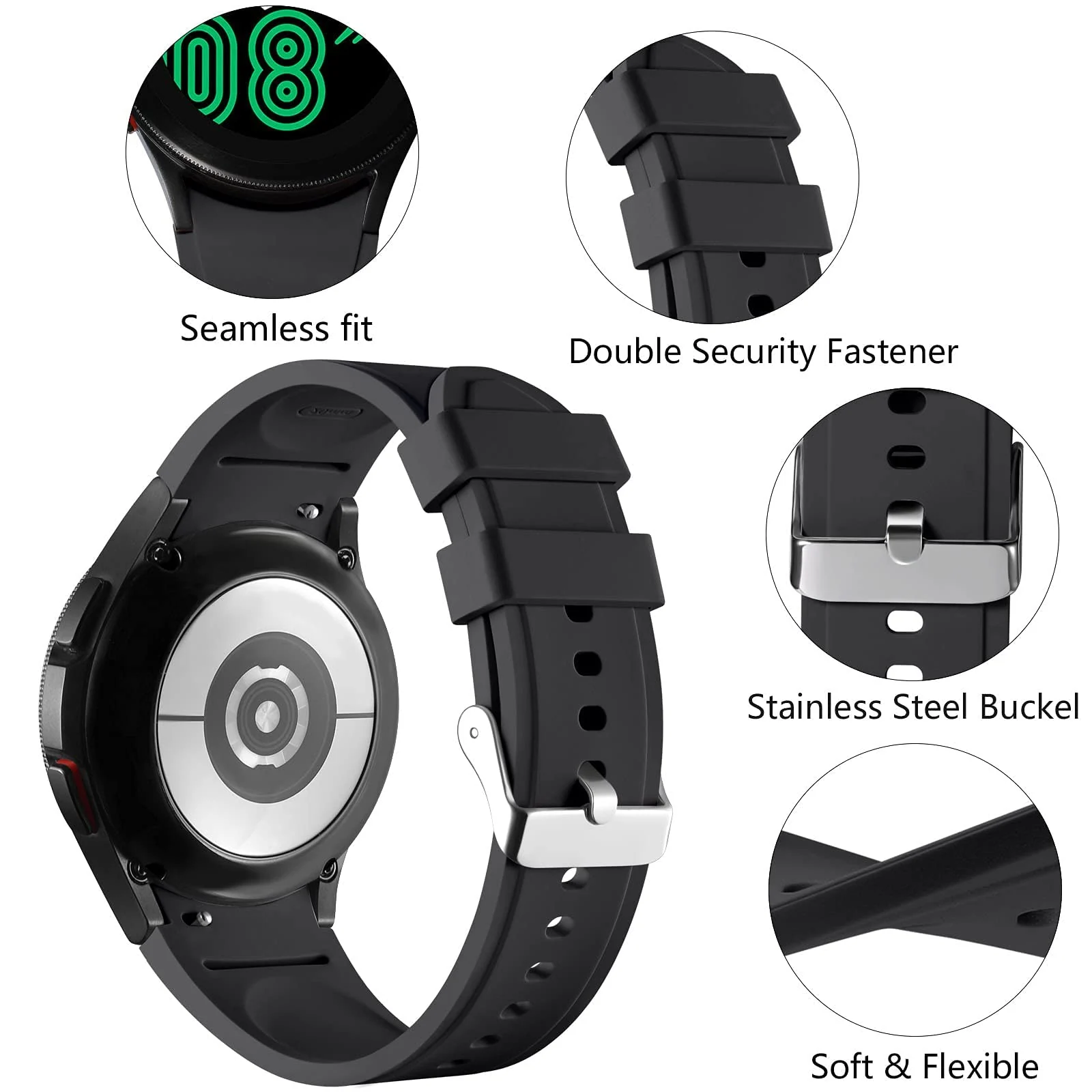 DL3 Mobilak No Gap Bands Compatible with Samsung Galaxy Watch 7 5 4 6 44mm 40mm/Watch5 Pro Band 45mm/Galaxy Watch 4 Classic 46mm 42mm Strap, 20mm Quick Release Sport Replacement Strap - Black - A-black