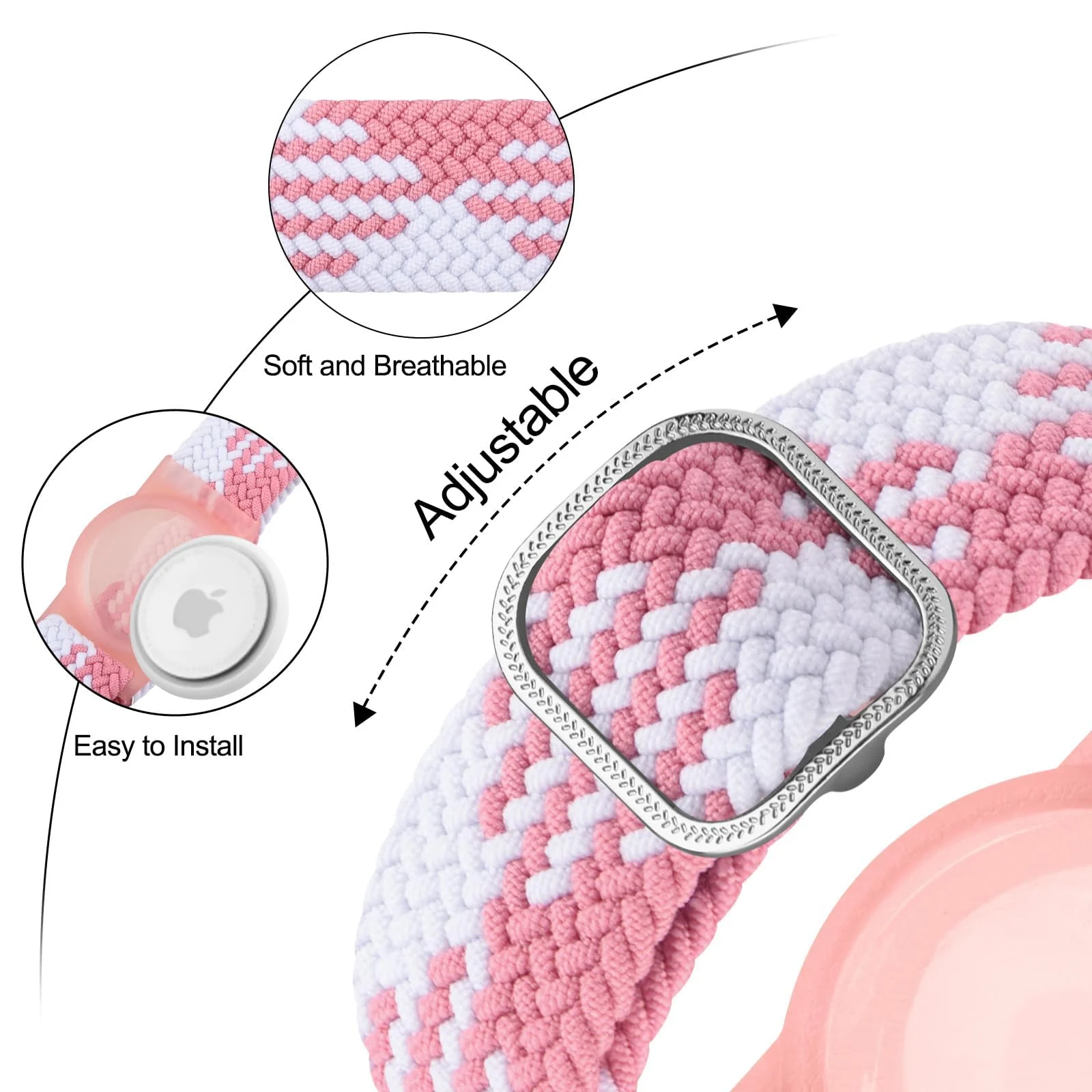 DL3 Mobilak Bracelet for Kids Compatible with AirTag, Nylon Stretch Braided Air Tag Wristband, Protective Case for Airtag GPS Tracker Holder, Adjustable Elastic Watch Strap for Toddler Child Elde - Pink White