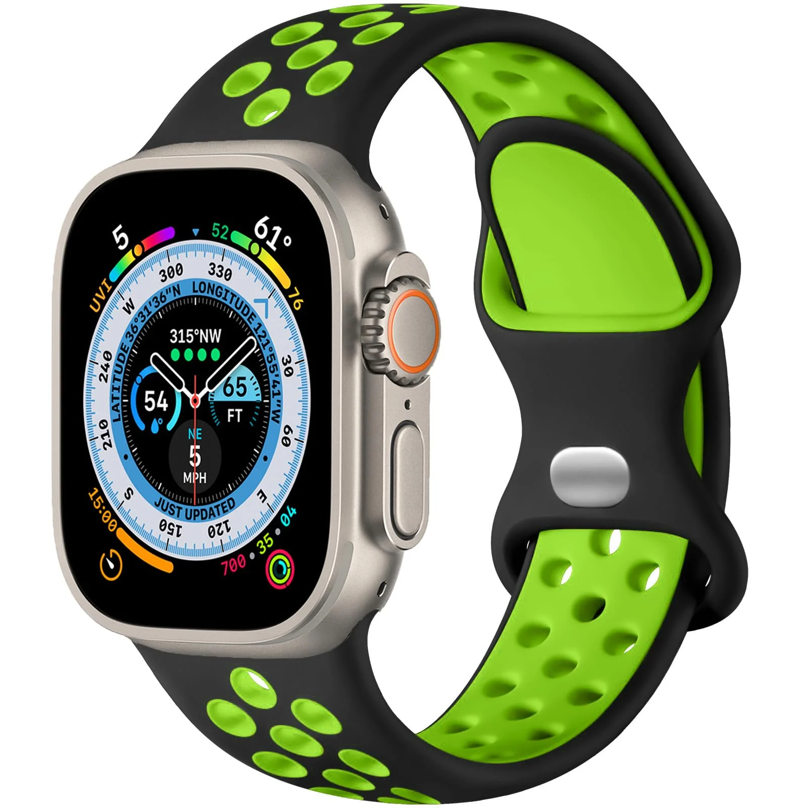 DL3 Mobilak Sport Strap For Apple Watch 49mm 45mm 44mm 42mm 41mm 40mm 38mm, Breathable Silicone Double Hole Band, for iWatch Ultra 2 Series 9 8 7 6 5 4 3 SE (&, 38mm/40mm/41mm) - Black & Green