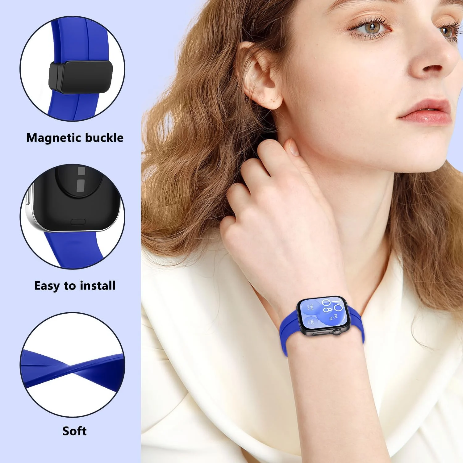 DL3 Mobilak Silicone Strap Compatible with Huawei Watch Fit 3/Watch Fit 4 Pro/Fit 4 Magnetic Metal Stainless Buckle Sport Silicone Strap, Band Quick Release Soft Replacment Wristband - Blue Pepsi