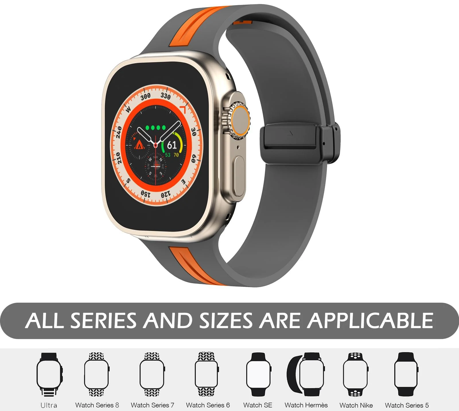 DL3 Mobilak Magnetic Strap for Apple Watch Band 49mm 45mm 44mm 41mm 40mm 38mm 42mm, Silicone Replacement Wristband Strap for iwatch Series 9 8/7/6/5/4/3/2/SE (38mm/40mm/41mm) - Grey Orange
