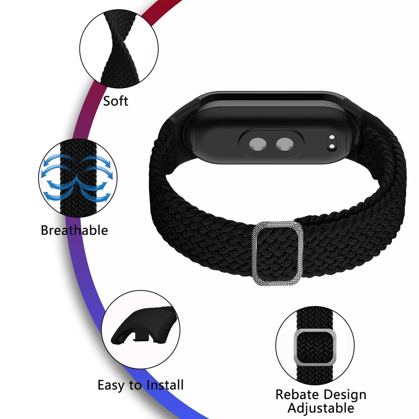 DL3 Mobilak Compatible with Xiaomi Mi Band 10/9/8 strap, Braided Solo Loop for Nylon Elastic Adjustable Replacement Wristband Compatible with Xiaomi Smart Band 8/9/10 - Black