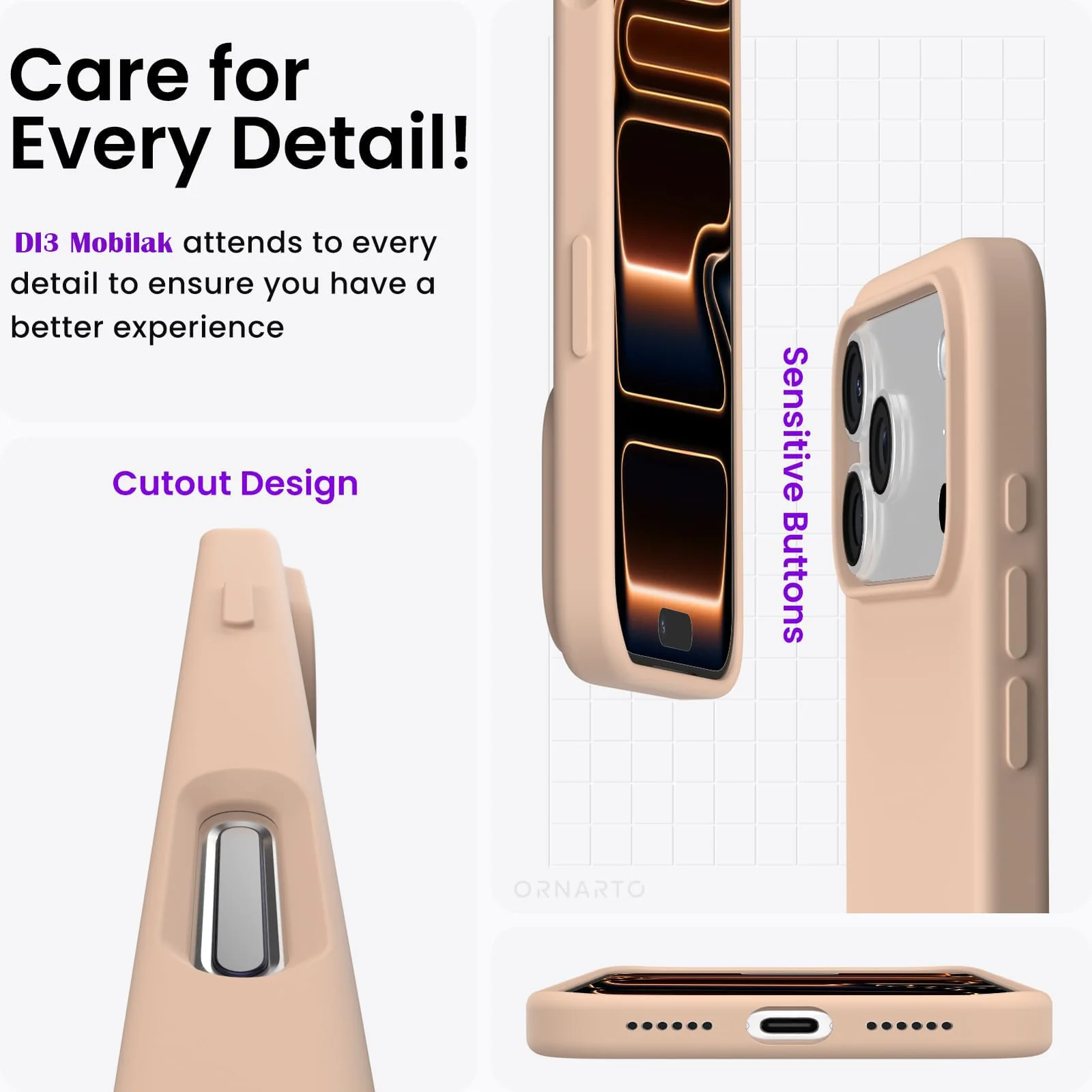 DL3 Mobilak Liquid Silicone Protective Case with Soft Microfiber Lining for iPhone 17 Pro 6.3-Inch - Pink Sand 2