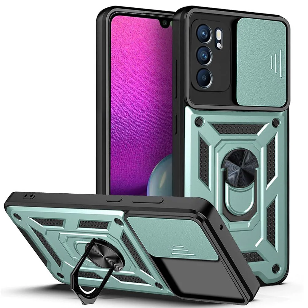 DL3 Mobilak Military-Grade Protective Case with Sliding Camera Cover, Metal Ring Kickstand and Magnetic Car-Mount Support for OPPO Reno 6 5G (Not 4G) - Green