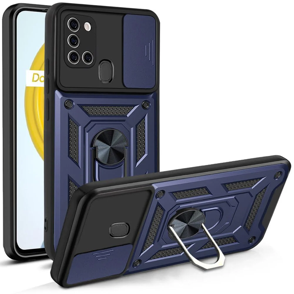 DL3 Mobilak Military-Grade Protective Case with Sliding Camera Cover, Metal Ring Kickstand and Magnetic Car-Mount Support for Samsung Galaxy A21s - Blue