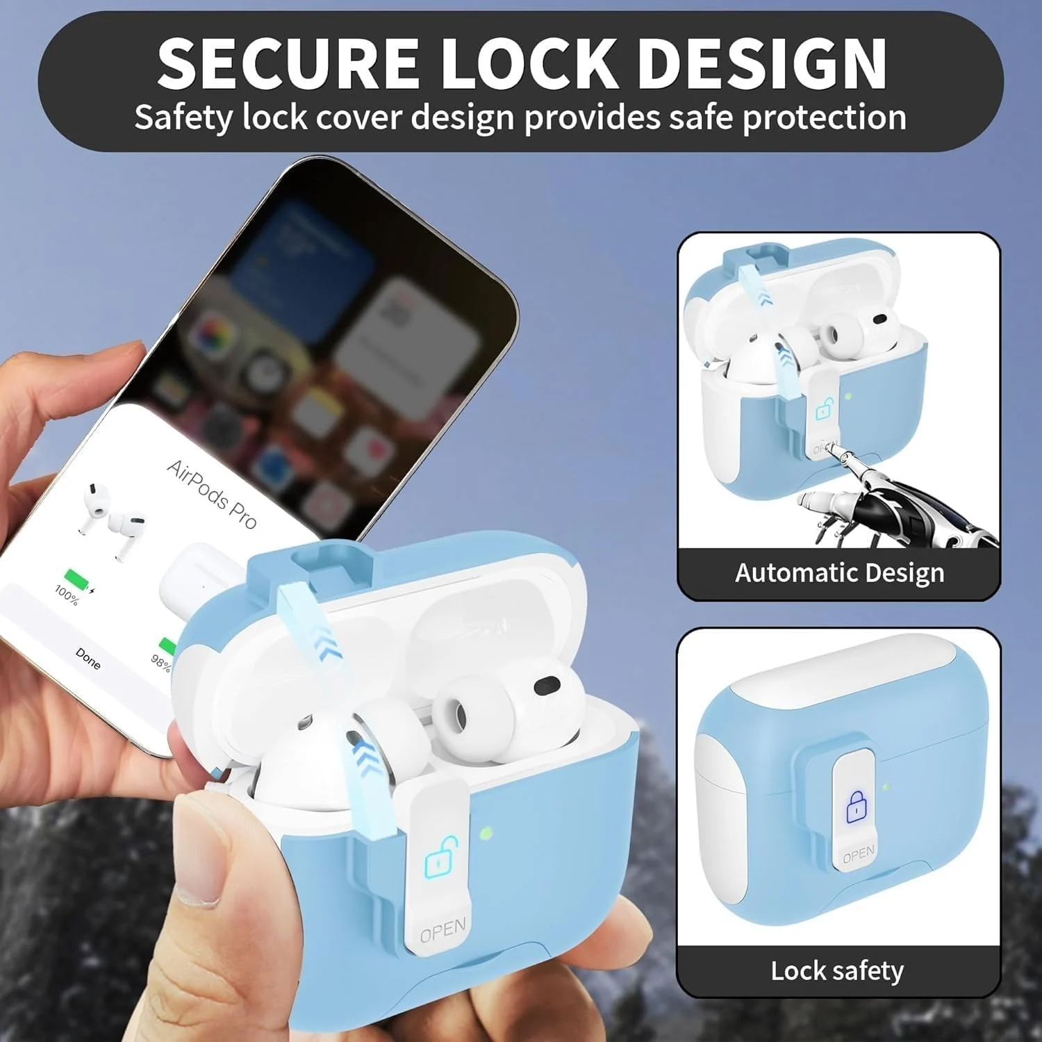 DL3 Mobilak Case for Airpod Pro Cover with Lock, Compatible with AirPods Pro 2nd Generation/1st Generation (2023/2022/2019), Shockproof Cover for AirPods Pro 2 Case Men Women - Baby Blue White