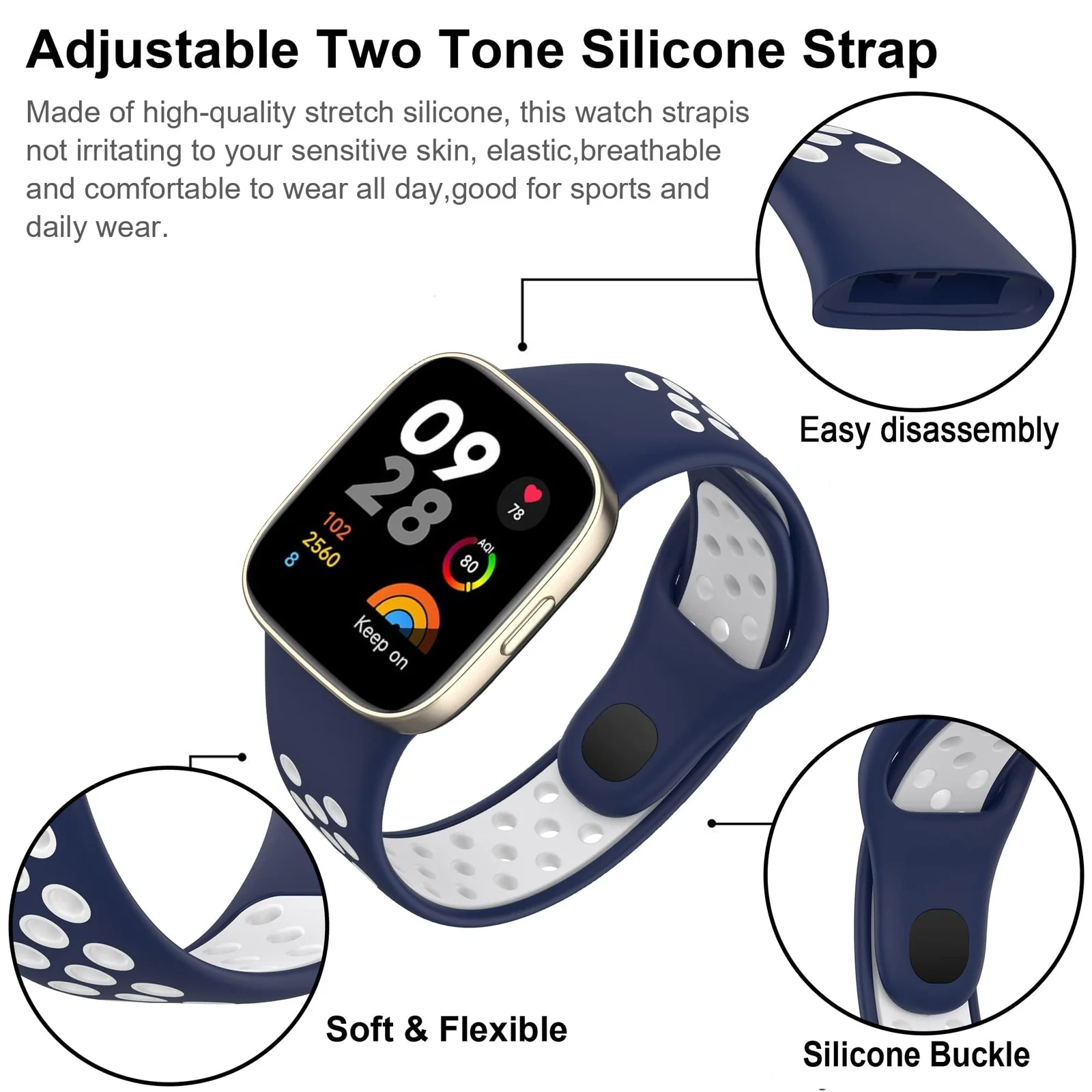 DL3 Mobilak Strap For Xiaomi Redmi Watch 3 (Not for Redmi Watch 3 Lite/Active), [Breathable] Soft Silicone Strap, Two Tone Band, Silicone Replacement Strap - Black