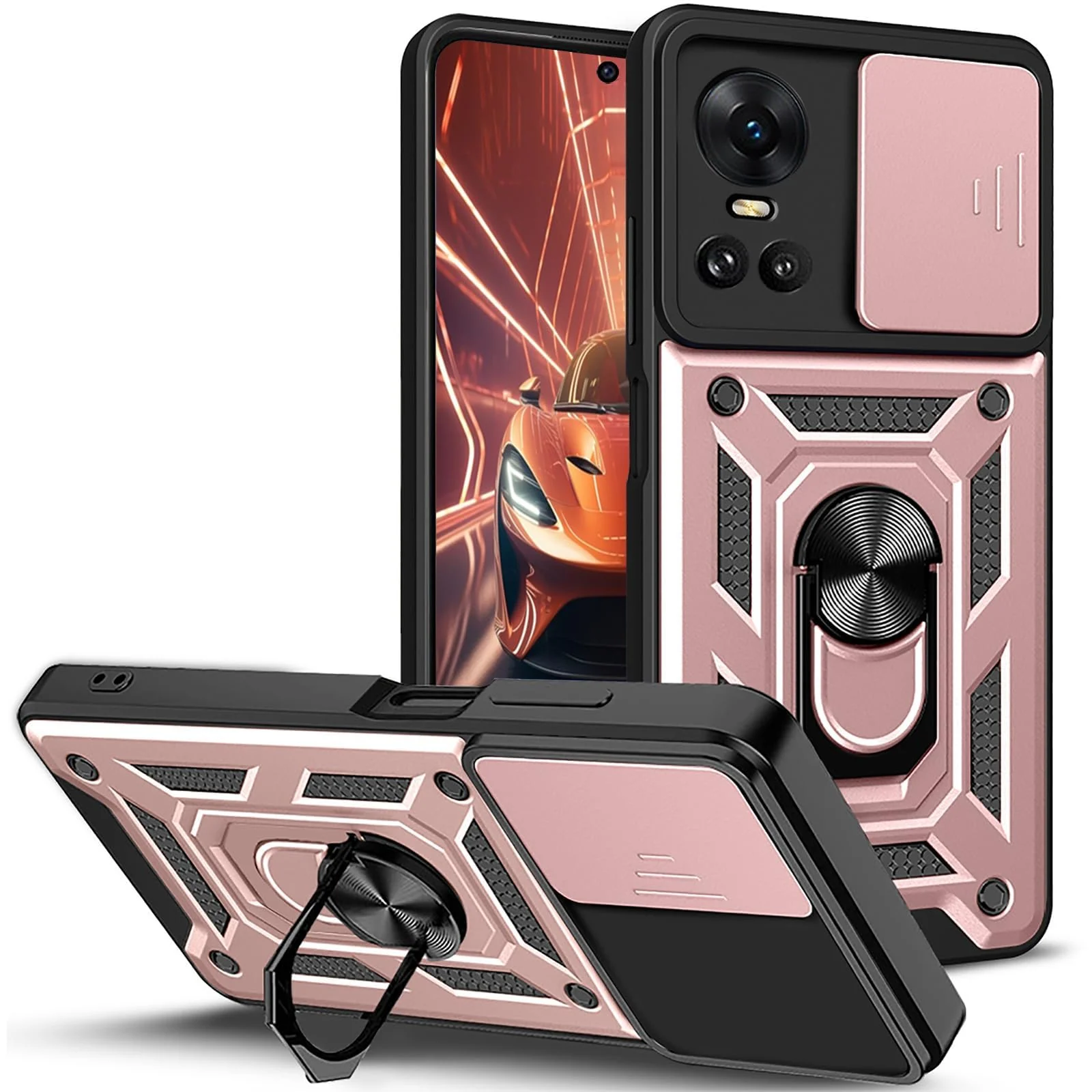 Dl3 Mobilak Case for OPPO Reno 10 5G / OPPO Reno 10 Pro 5G with Slide Camera Cover, Military Grade Shockproof Protective Cover with Rotatable Metal Ring Kickstand (Blue)