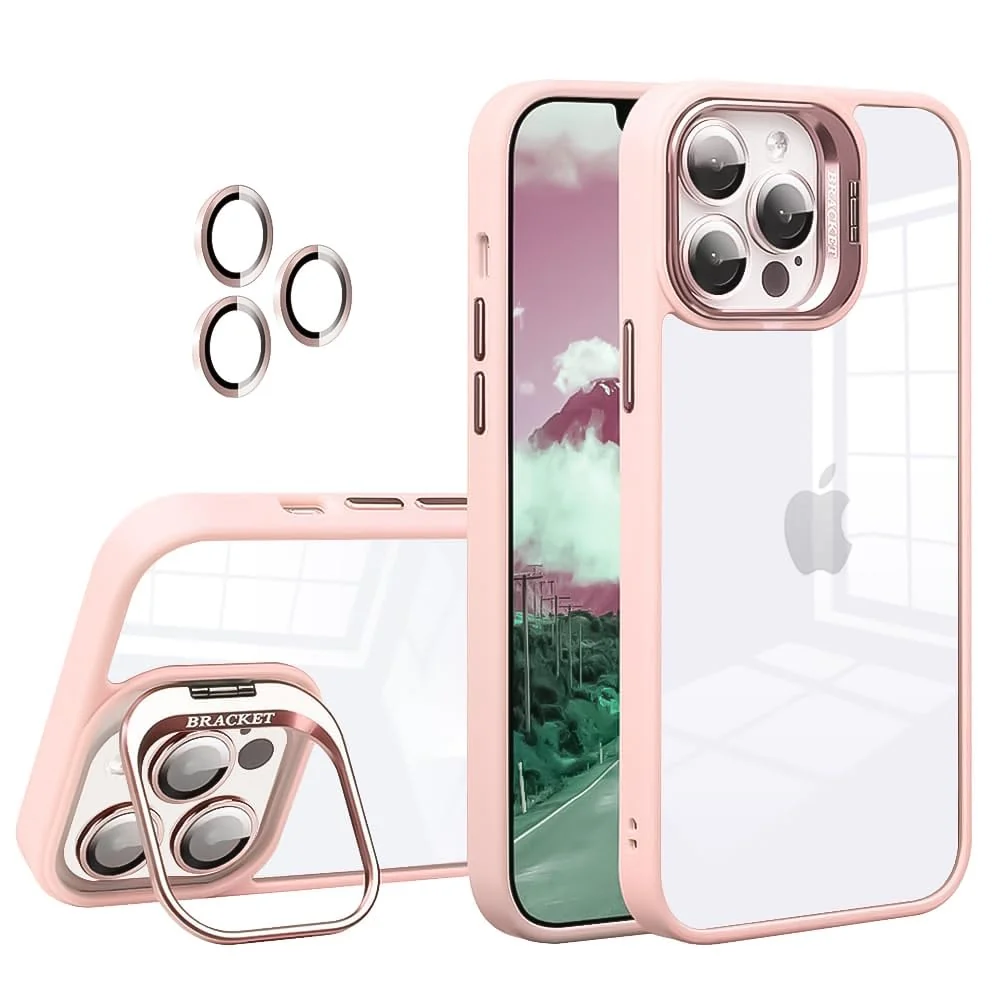 DL3 Mobilak Clear PC and TPU Case with Camera Ring Kickstand and Lens Protector for iPhone 13 Pro - Pink